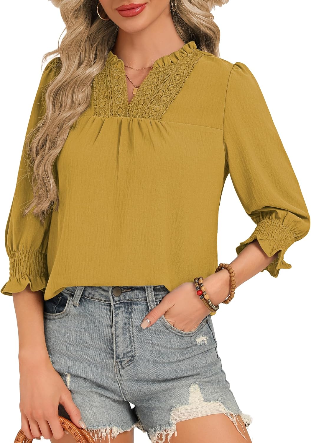 Funlingo Blouses for Women Dressy Casual 3/4 Length Sleeve Tops Ruffle V Neck Lace Shirt with Smocked Cuffs