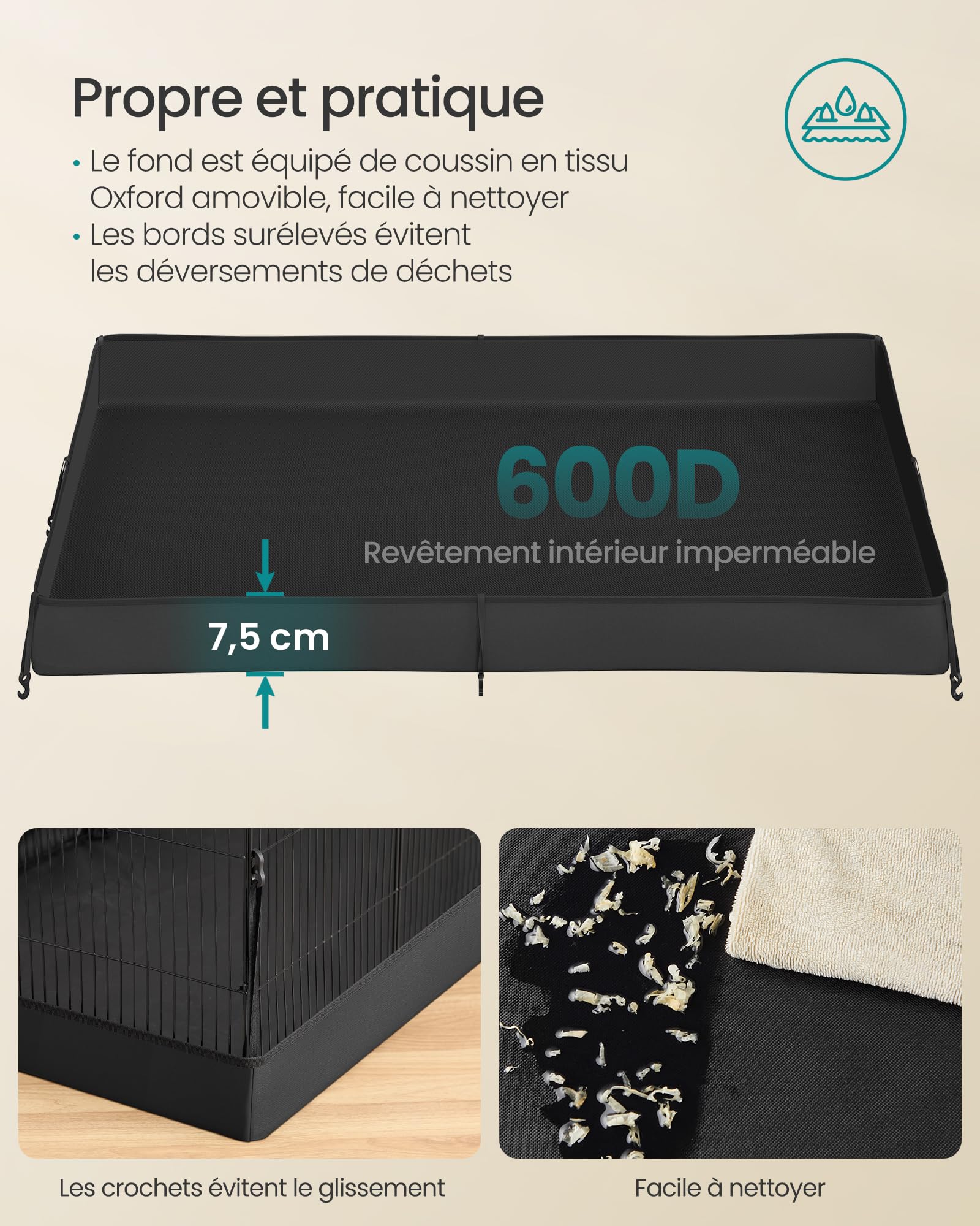 SONGMICS Enclos pour Petits Animaux, Parc Enclos, Tapis Imperméable, Double Porte, pour Lapins, Cochons d’Inde, 20 Panneaux, 123 x 63 x 41,5 cm, Noir d'encre LPI012BH01