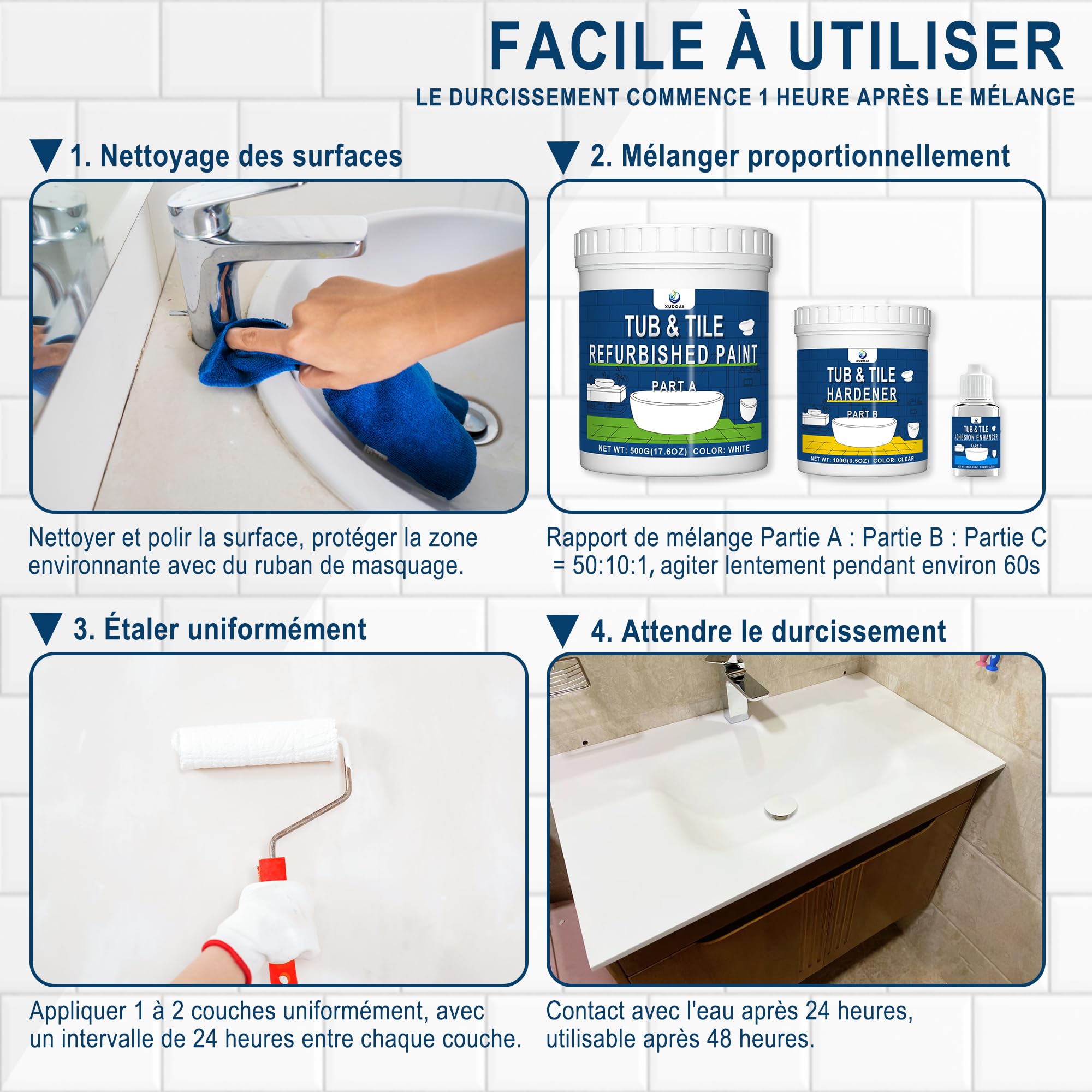 XUDOAI Peinture Baignoire Lavabo 610g, Peinture Baignoire Blanc Brillant Avec Outils, Convient pour Salle de Bain/Cuisine/Douche/Porcelaine/Evier/Céramique Rénovation des Couleurs