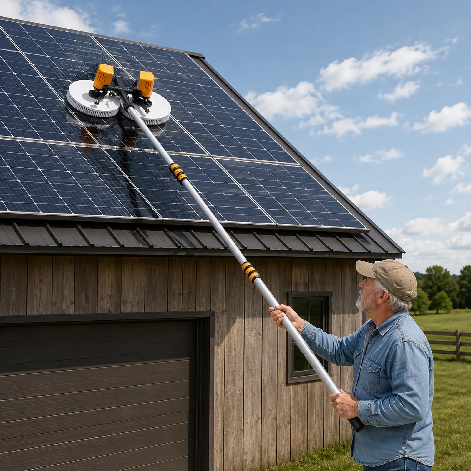 vnmudzeo Commercial Solar Panel Cleaning Equipment, Dual Brush Head – Electric Photovoltaic Panel Cleaner with Telescopic Aluminum Pole 5.5m(18ft)