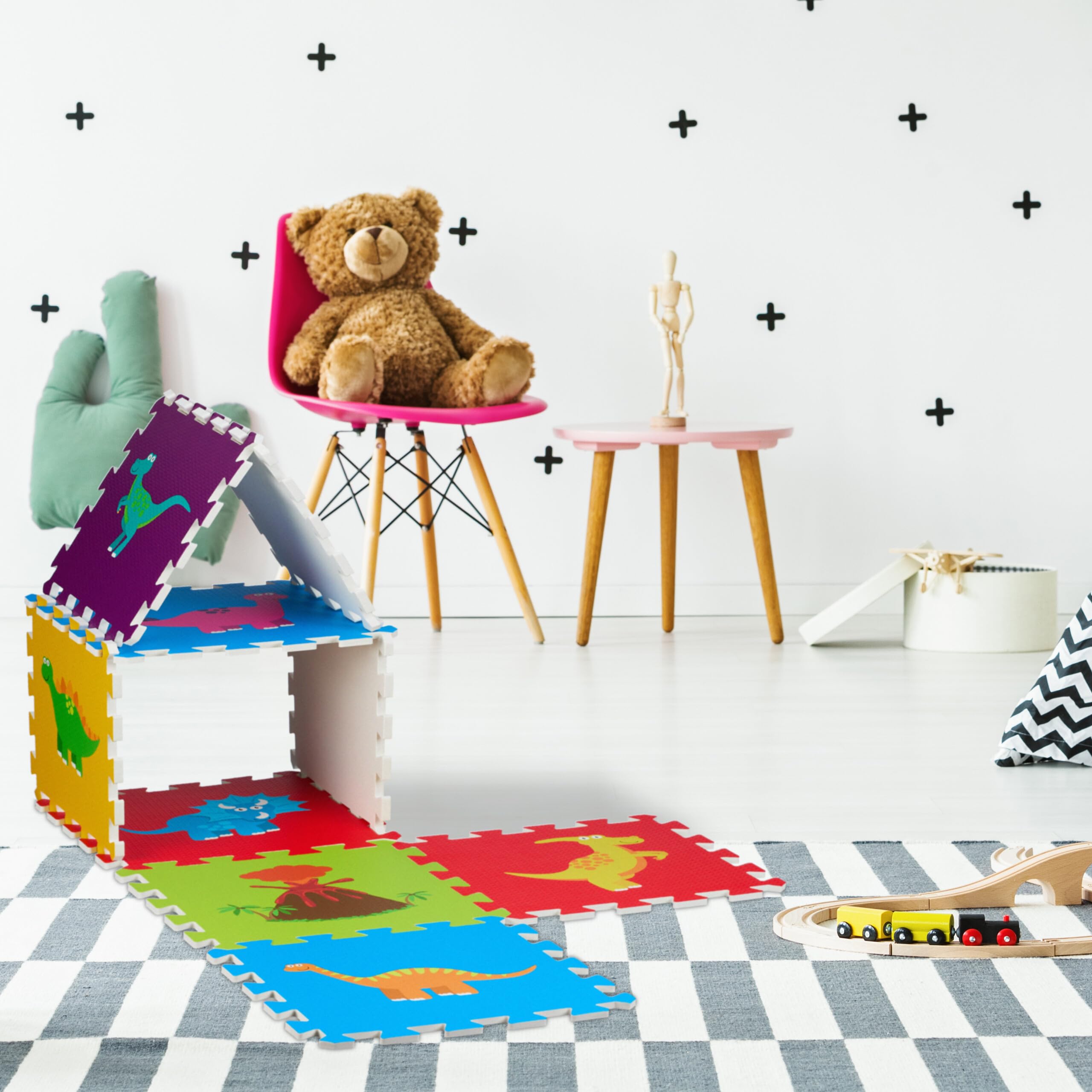 Relaxdays Dywan puzzle, mata do zabawy 3 x 3, dinozaury, mata do raczkowania, guma piankowa bez BPA, wielokolorowa, 86 x 86 cm