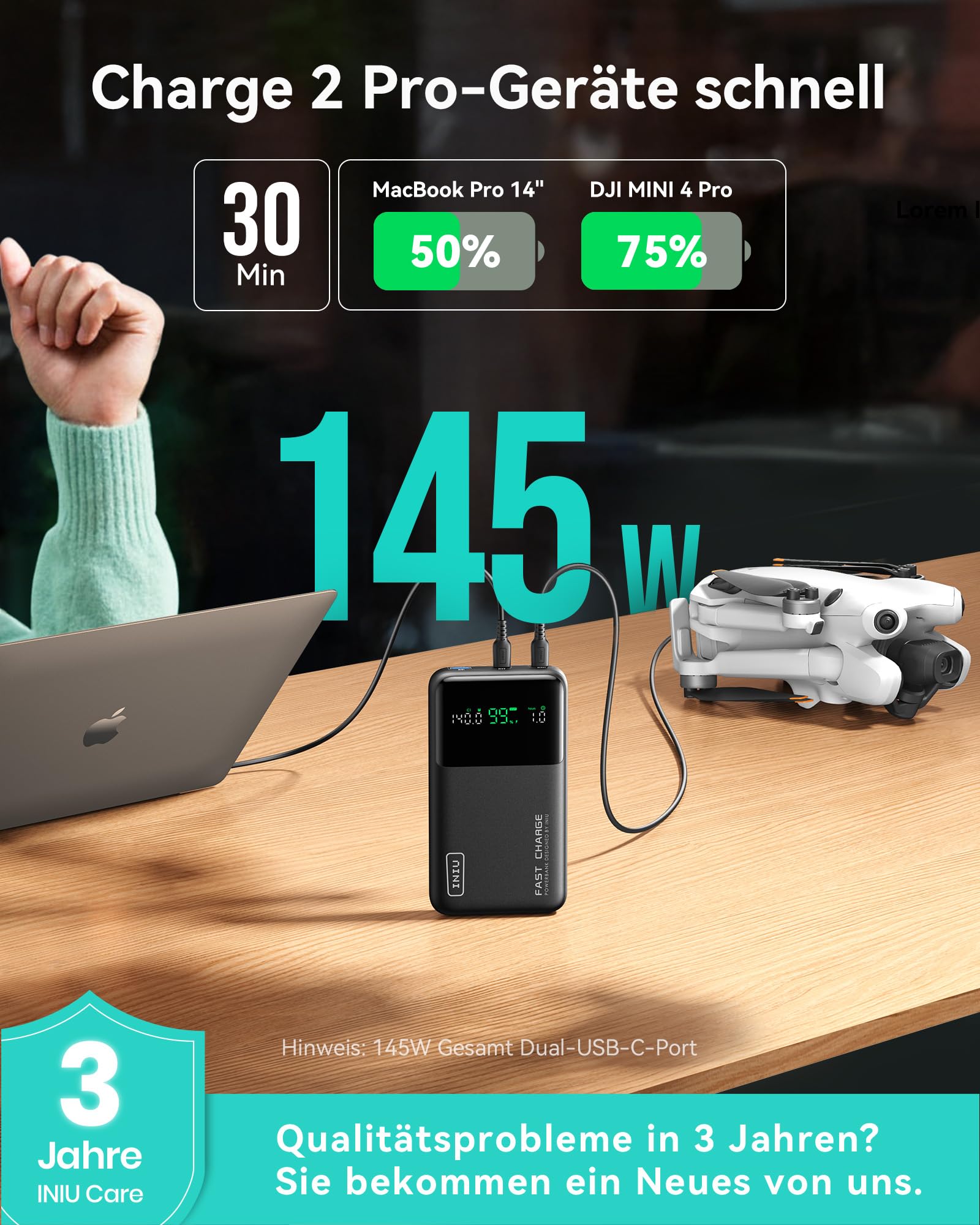 INIU Laptop PowerBank, 140W 25000mAh Power Bank Schnelles Laden, Klein Externer Handyakkus USB-C Input & Output für MacBook, Surface, iPad, Camera, DJI, iPhone 16 15 14, Reise, Wandern, Büro