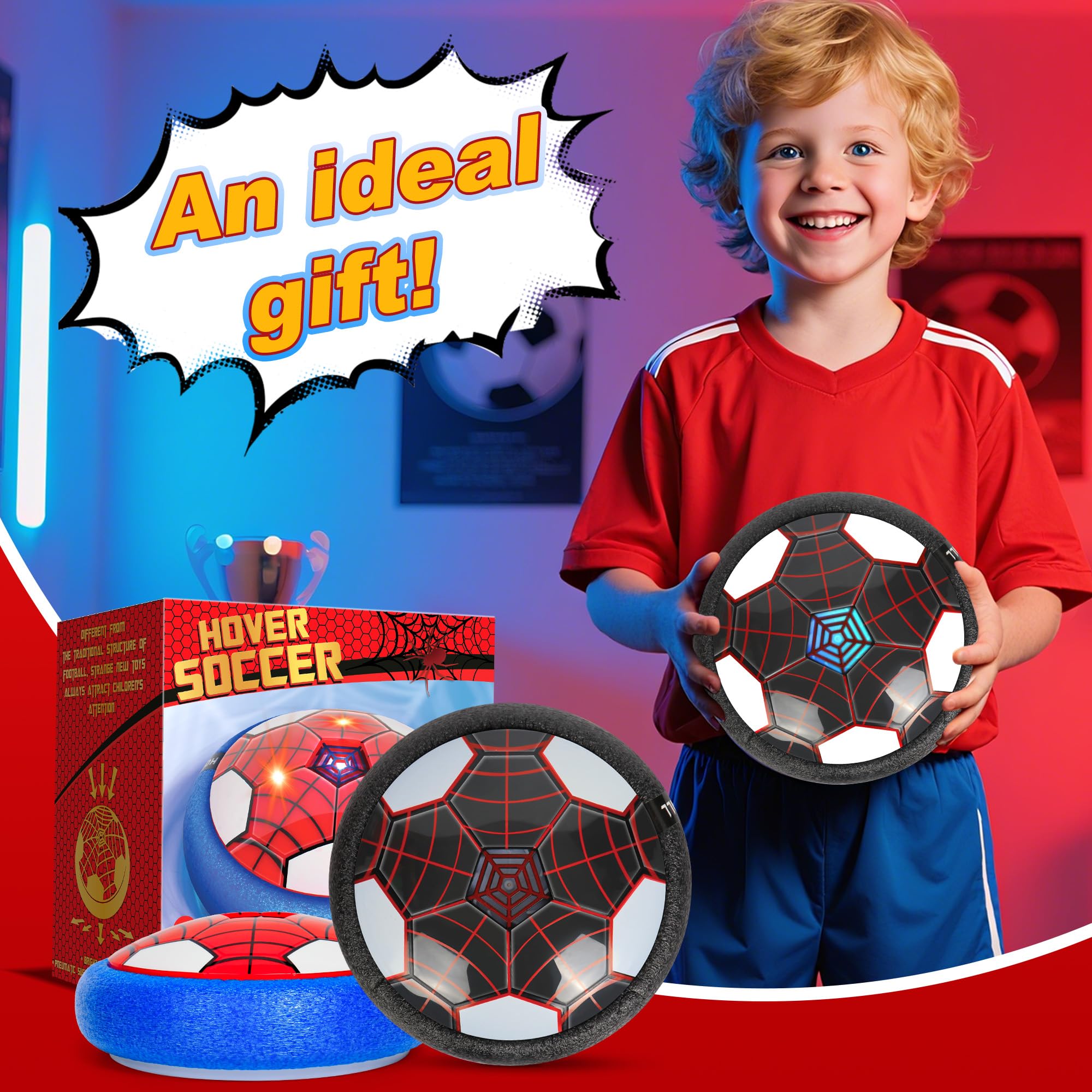 Spider Ballon de Foot Aéroglisseur LED - Lot de 2, Jouet Enfant Air Power Football 3-12 Ans, Football Enfant pour Intérieur/Extérieur, Idée Cadeau Garçon/Fille (Anniversaire, Noël)-RB