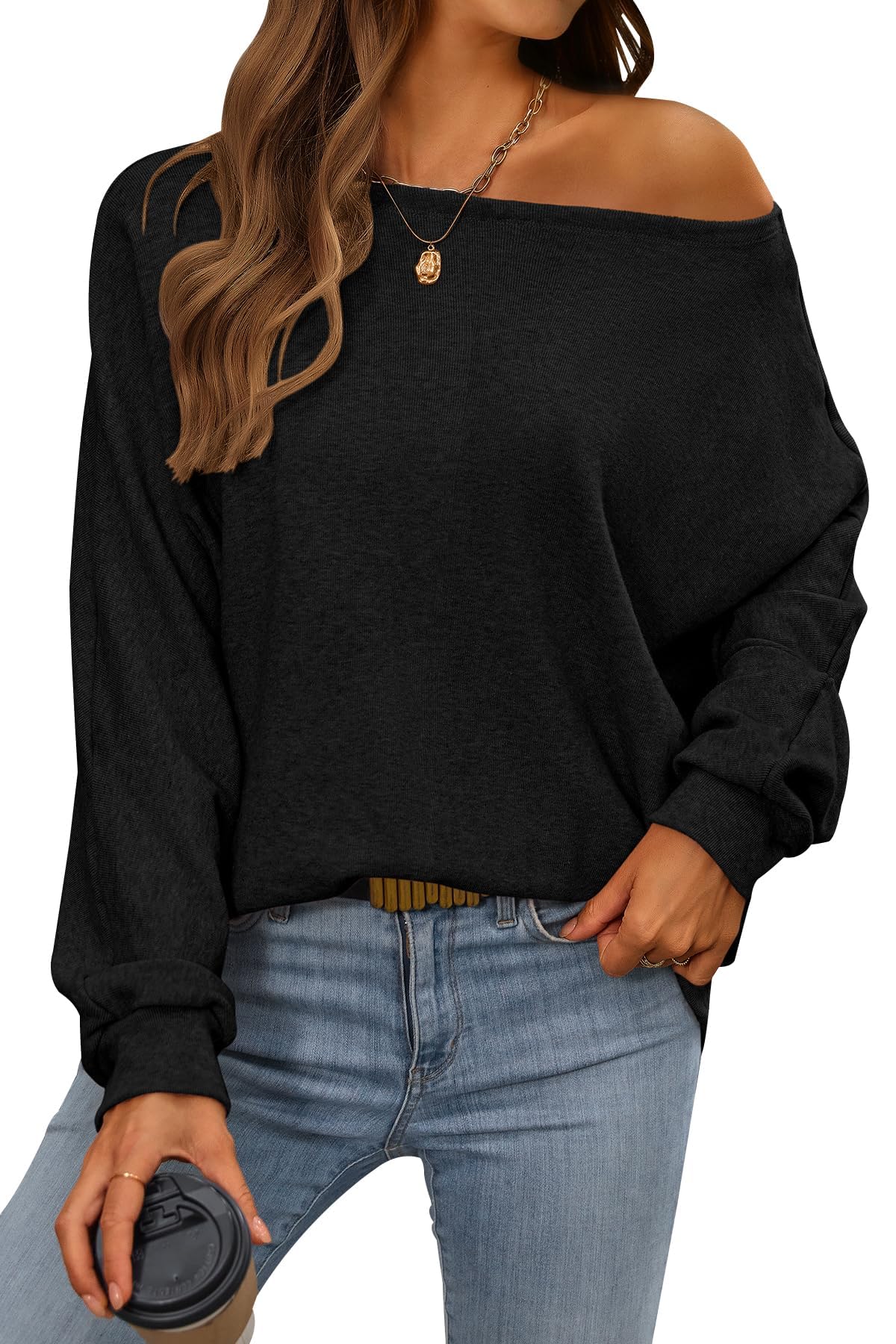 CFLONGE Fall Sweaters for Women 2025 Casual Pullover Off The Shoulder Sweater Batwing Long Sleeve Sweatshirt Knit Jumper