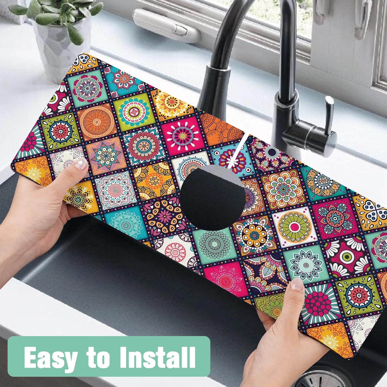 2 Pack Kitchen Sink Splash Guard Faucet Mat 24" X 5.5" Mandala Absorbent Fast Drying Mat Faucet Draining Mat Sink Splash Guard Behind Faucet Drip Catcher for Kitchen Bathroom