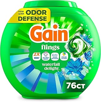 Gain Flings Liquid Washing Detergent Pods, Now with Odor Defense + Color Guard, Waterfall Delight Scent, 4-In-1 liquid laundry detergent pacs, clean & fresh, 76 Count (Packaging May Vary)