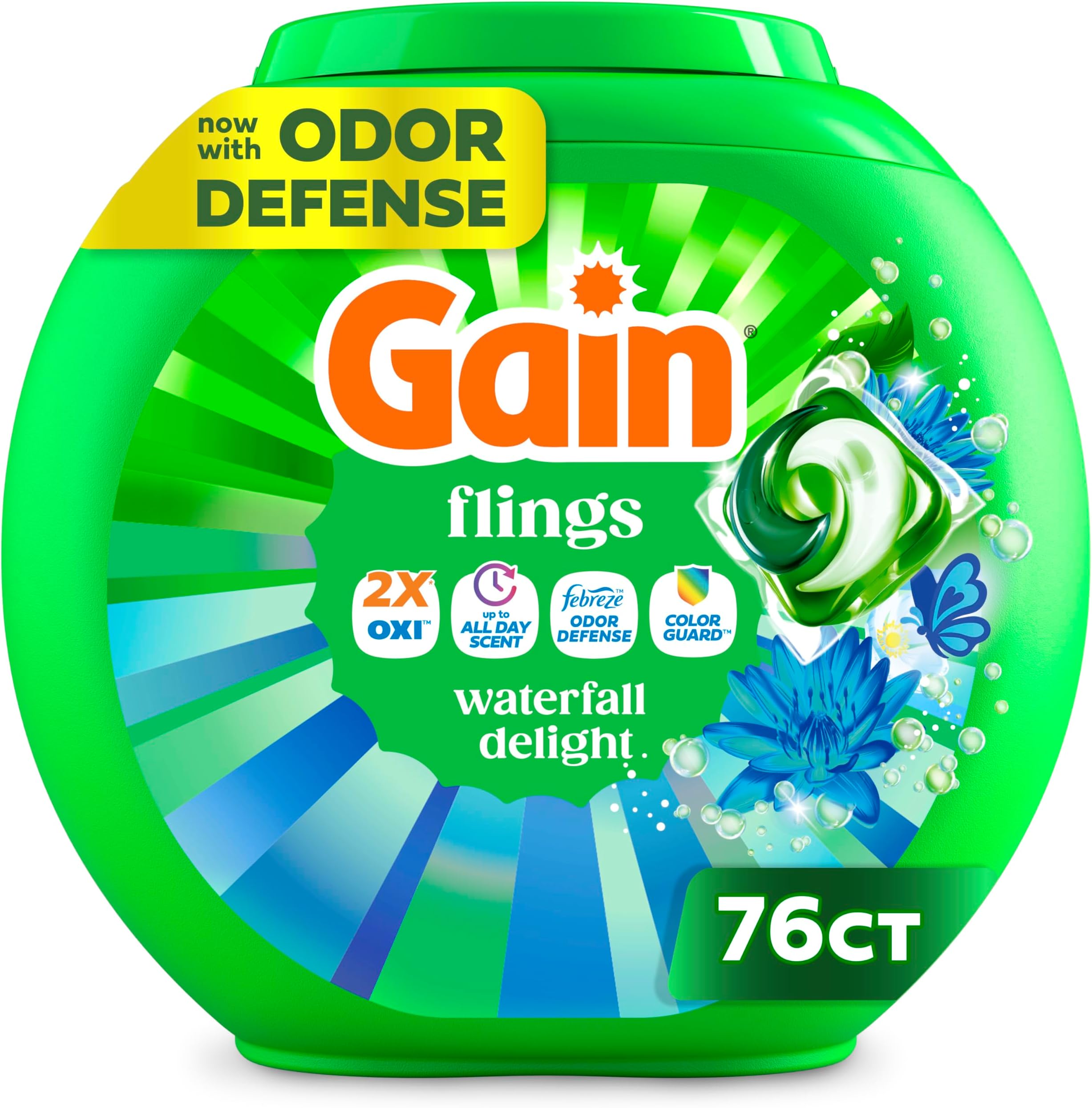 Gain Flings Liquid Washing Detergent Pods, Now with Odor Defense + Color Guard, Waterfall Delight Scent, 4-In-1 liquid laundry detergent pacs, clean & fresh, 76 Count (Packaging May Vary)