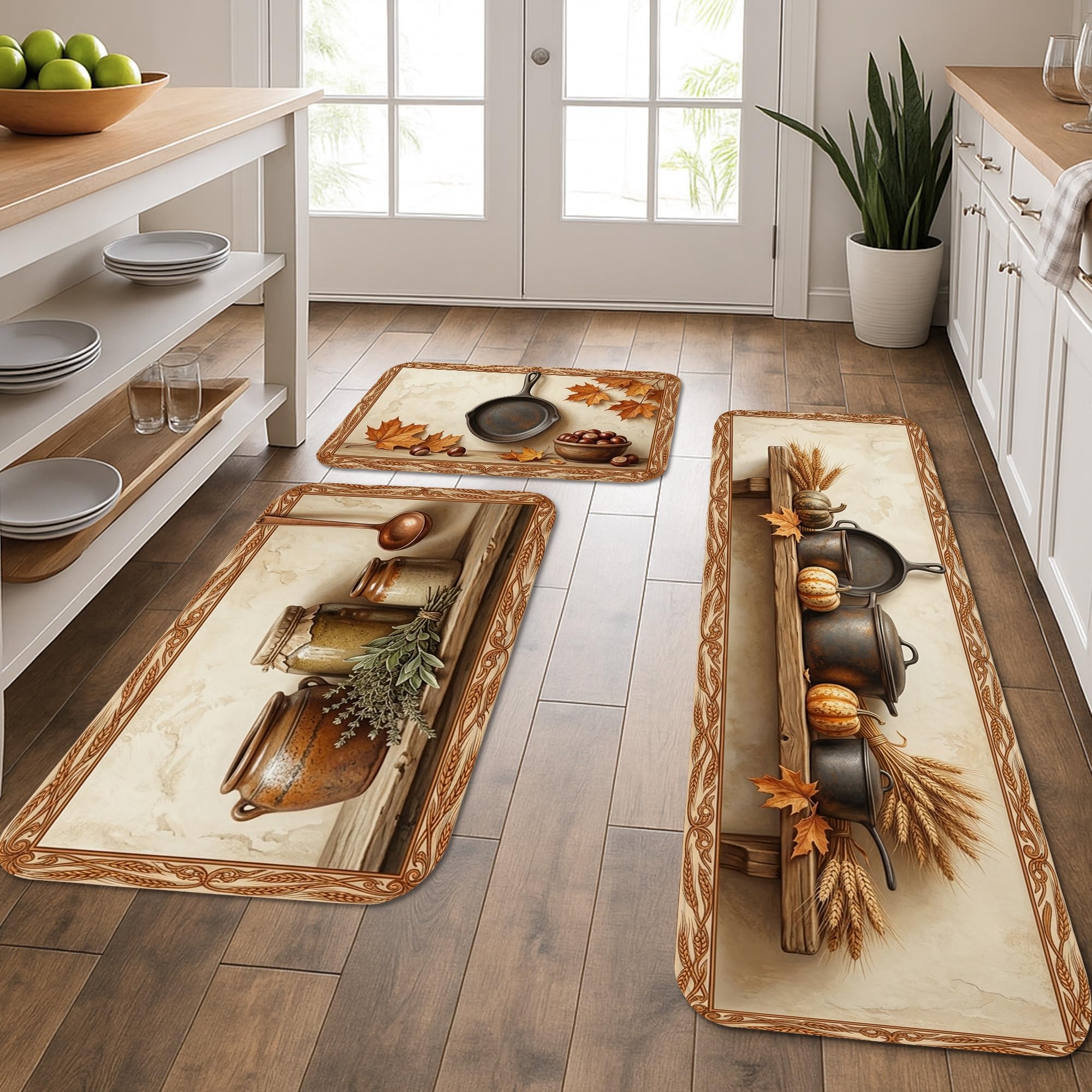 Tapis de cuisine lavables et doux motif feuilles d'automne marron lot de 3
