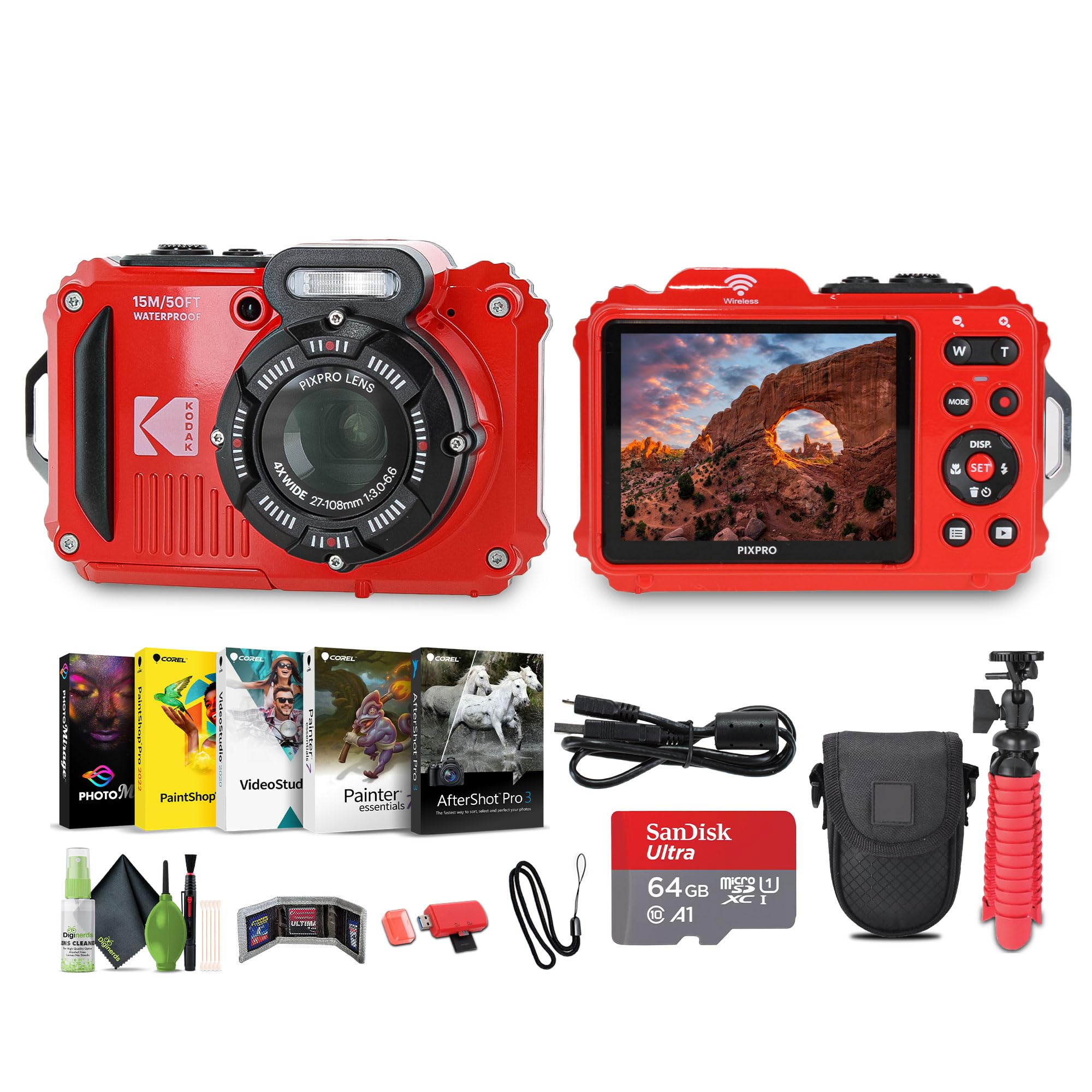 KODAK PIXPRO WPZ2 Rugged Waterproof Shockproof Dustproof WiFi Digital Vlogging Camera 16MP (Red) Bundle with 64GB Memory Card + Vlogger Tripod + Bag + Cleaning Kit + More Accessories-image-17