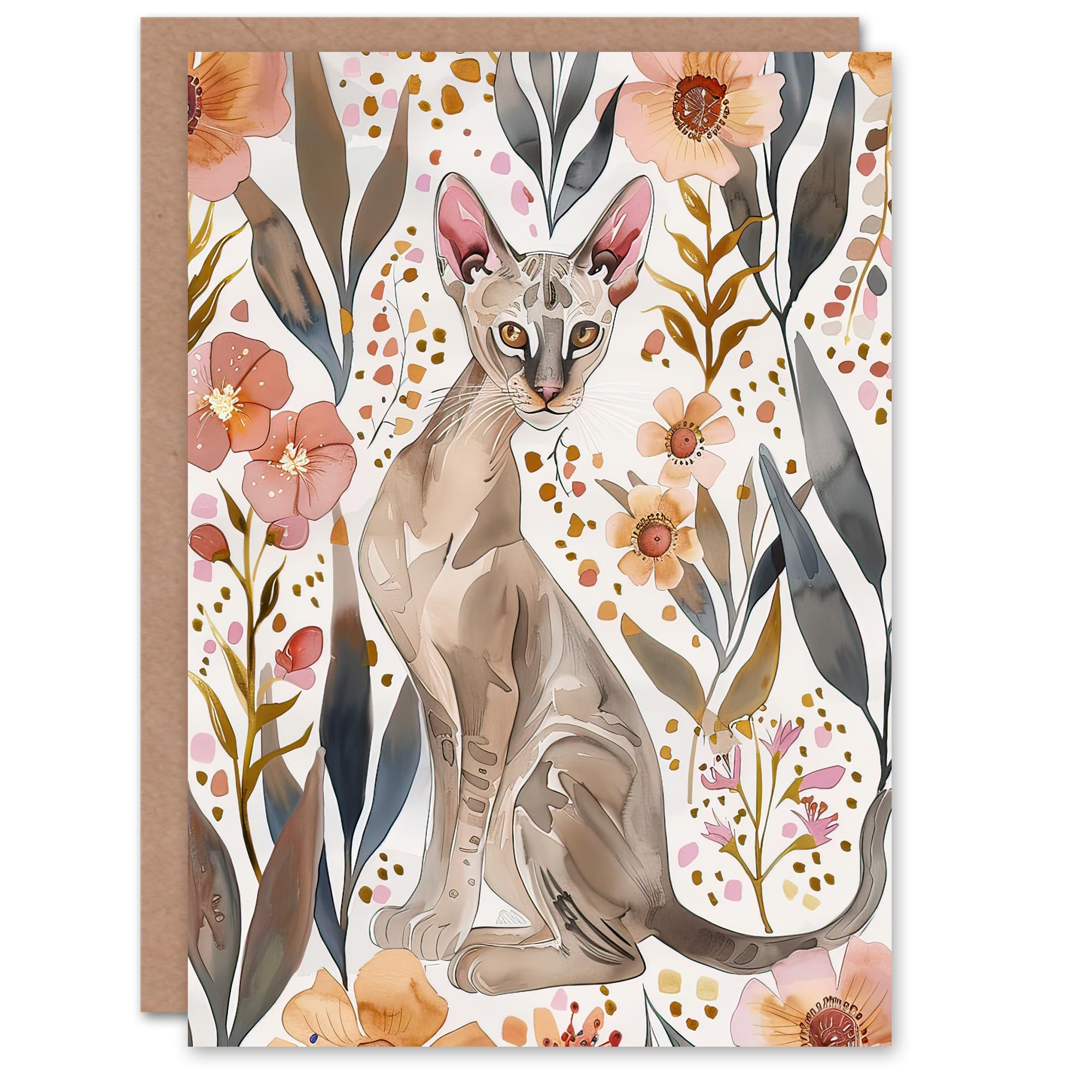 Artery8 Greeting Card Cat Lover Oriental Shorthair with Anemone Flowers For Her Woman Birthday Card