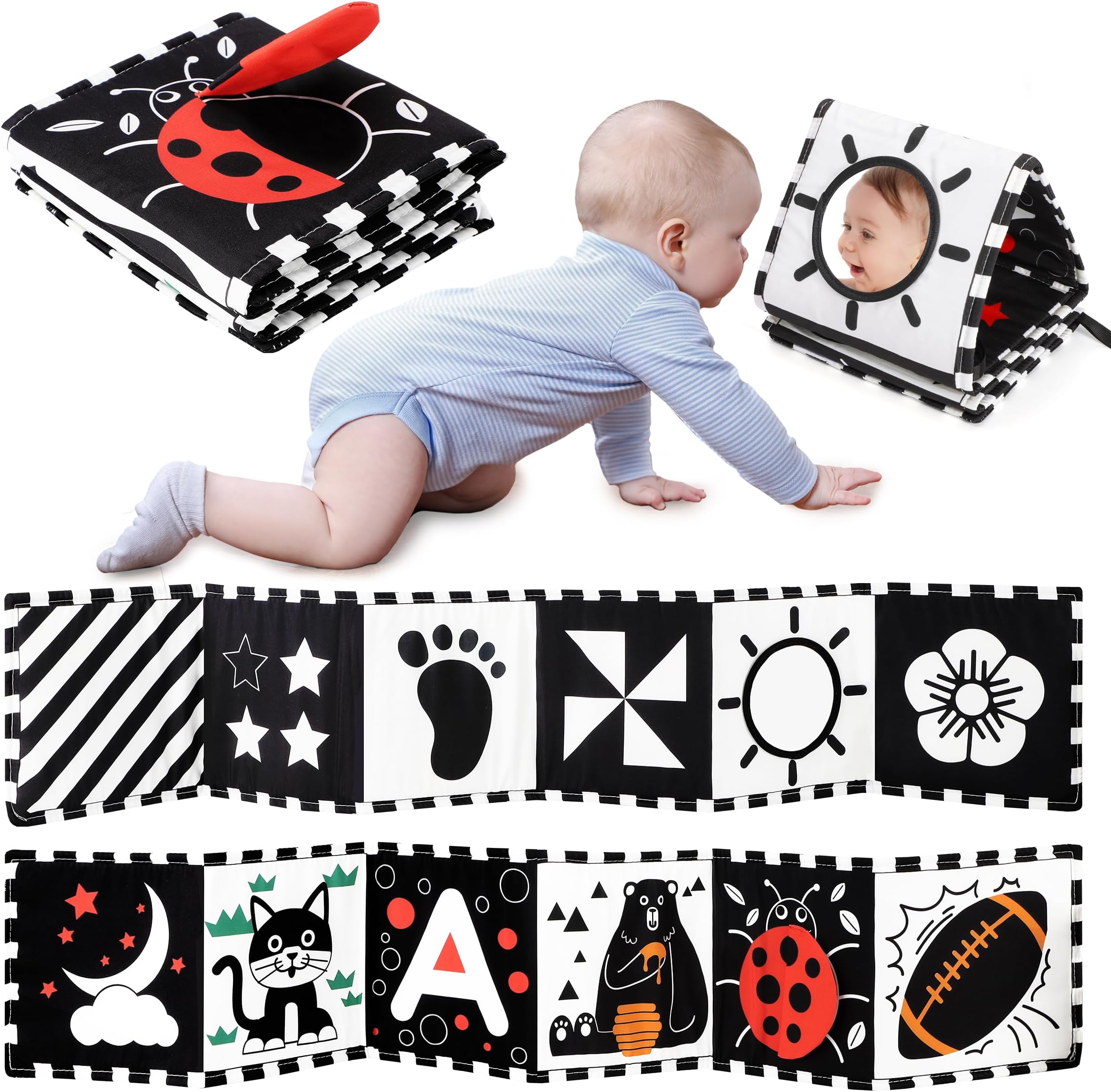 URMYWO Baby Toys 0-6 Months, Black and White Sensory Toys Brain Development, Tummy Time Toys, Soft Baby Book, Baby Essentials for Newborn 0-6-12 Months Montessori Toy Gifts