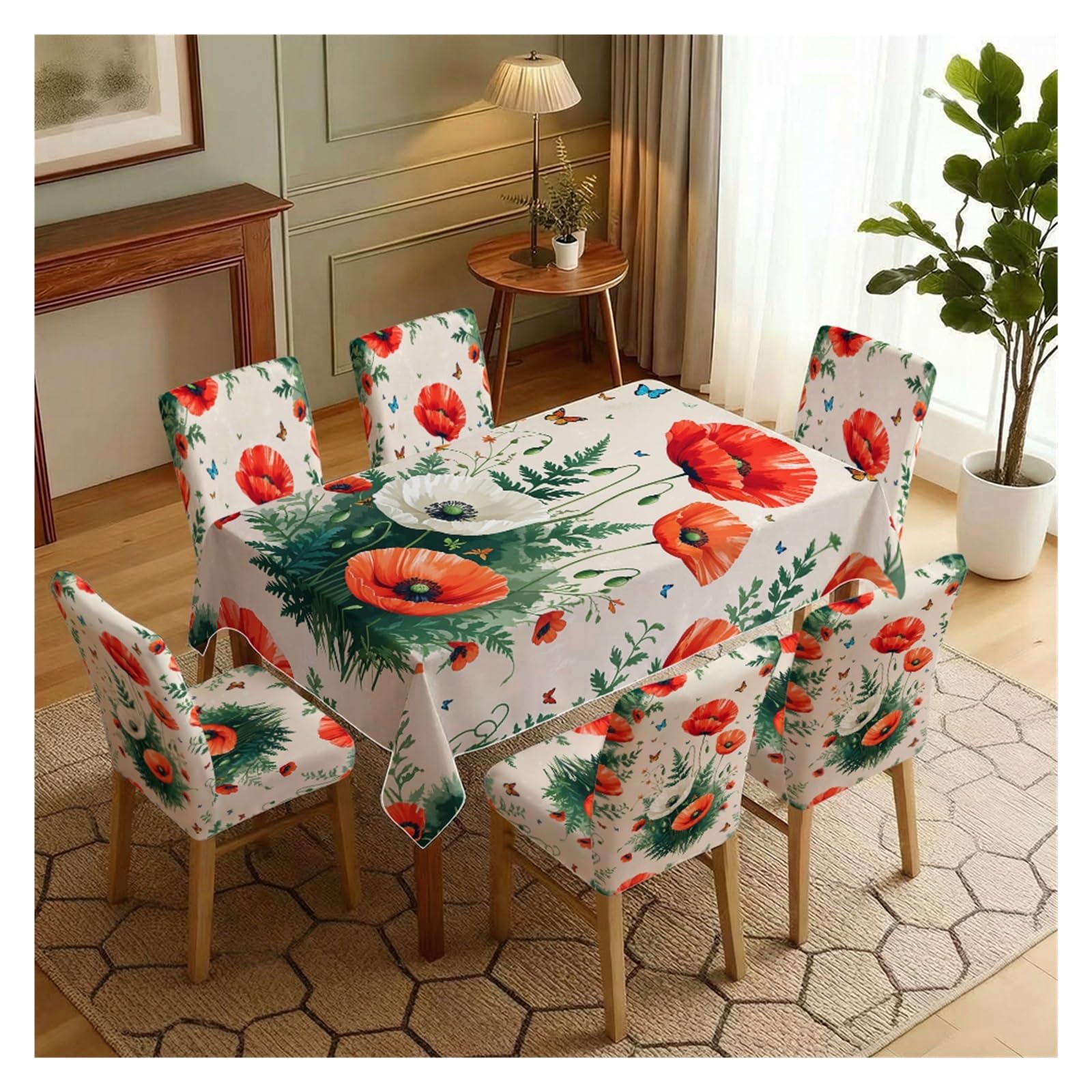 BOSUYBN Red Poppy Butterfly Floral Printed Dining Tablecloth & Chair Covers Set, 5/7 Piece Fresh Country Cottage Home Decor Table Setting(7pcs Set: Tablecloth+Chair Covers)