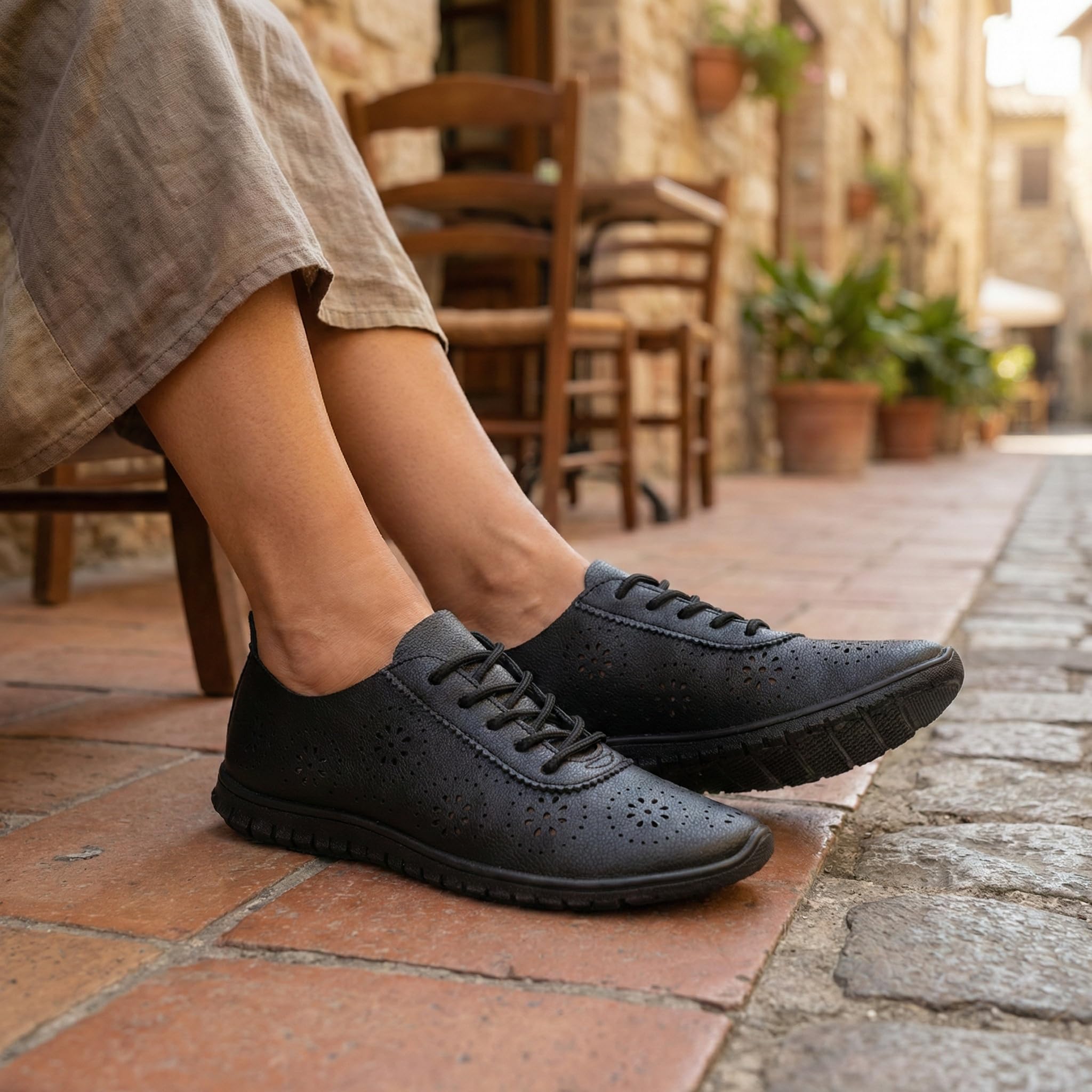 GLAMORA Zapatos Mujer Cordones Calados Transpirables Cómodos Ligeros Suela Flexible Antideslizante Plantilla Blanda Punta Fina Calzado Verano Ajuste Cómodo