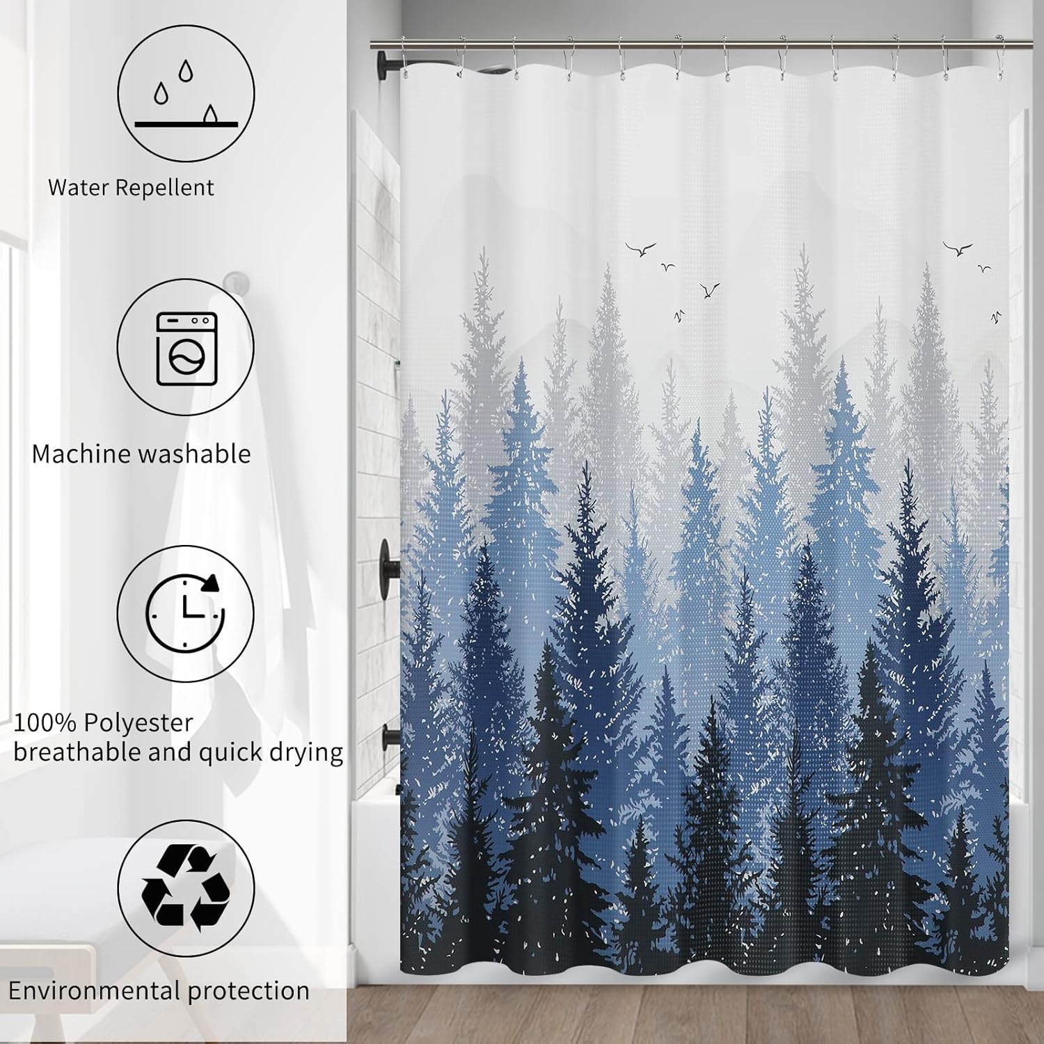 Hokibero Misty Forest Shower Curtain 72x90 Blue Shower Curtain Mountain Forest Nature Theme Extra Long Fabric Curtains for Bathroom Water Repellent Woodland