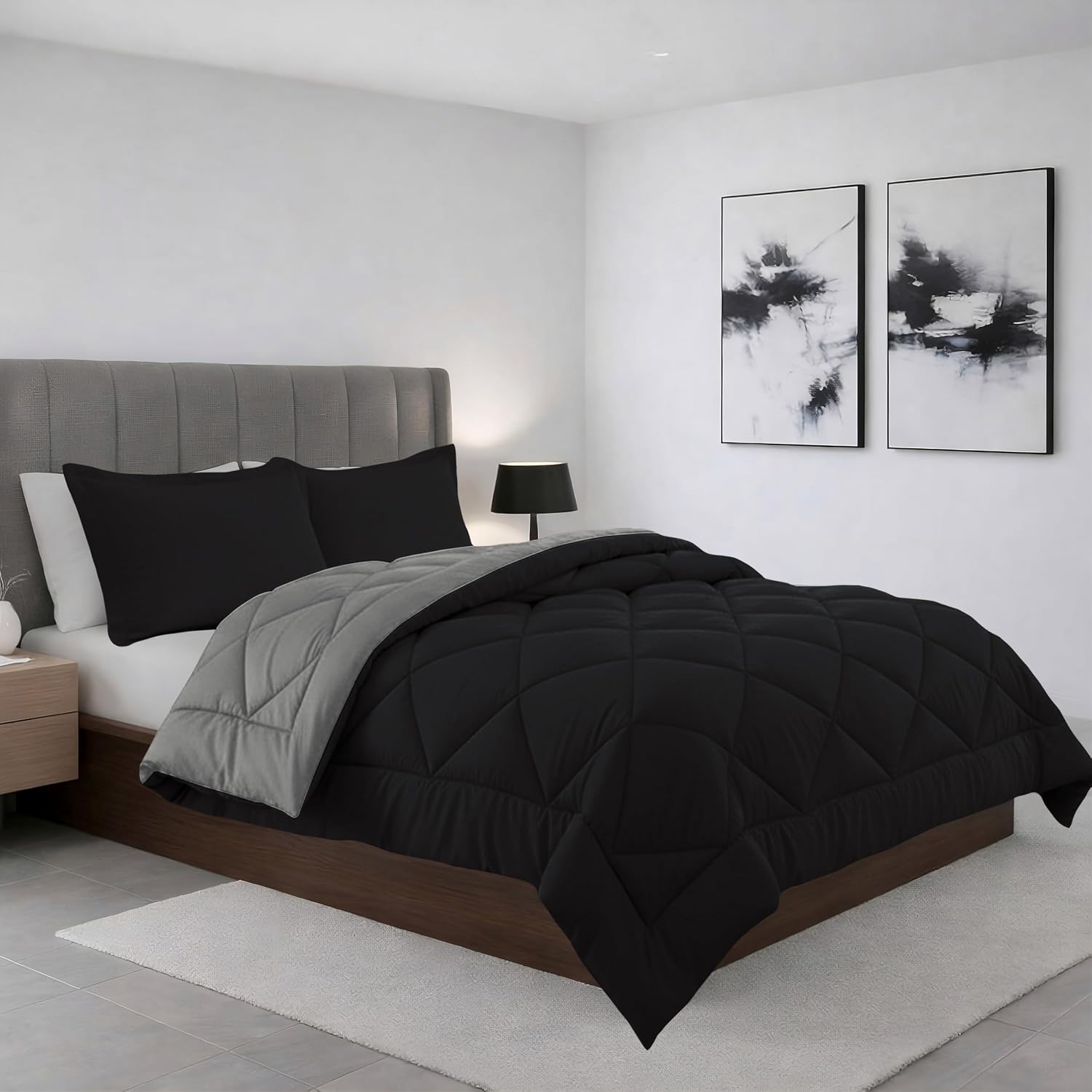 Elegant Comfort All Season Goose Down Alternative Reversible 3-Piece Comforter Set- Available in and Colors, Full/Queen, Black/Gray
