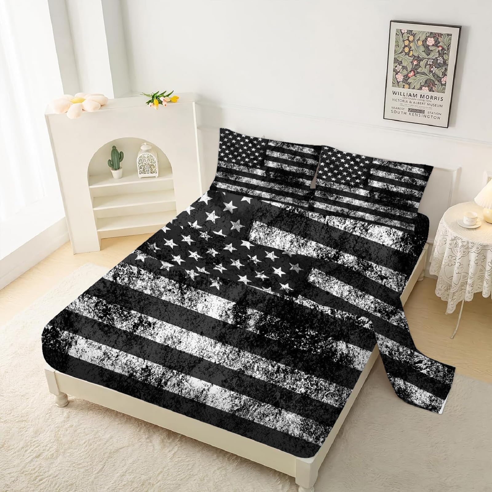 kxry Black and White USA American Flag Fitted Sheet Sets Full Size for Boys Kids Teens Dirty US Stars Stripes Flags Bedding Set 1 Fitted Sheet + 1