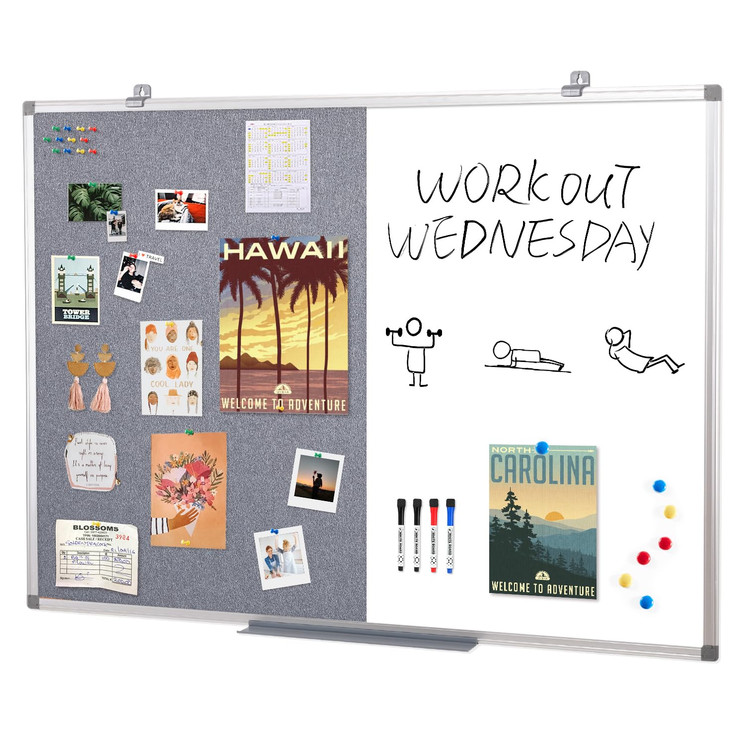 Swansea Large Magnetic Whiteboard Combination Gray Fabric Pin Noticeboard Office Home School with Dry Erase Pen + 6 Pins,120x90cm