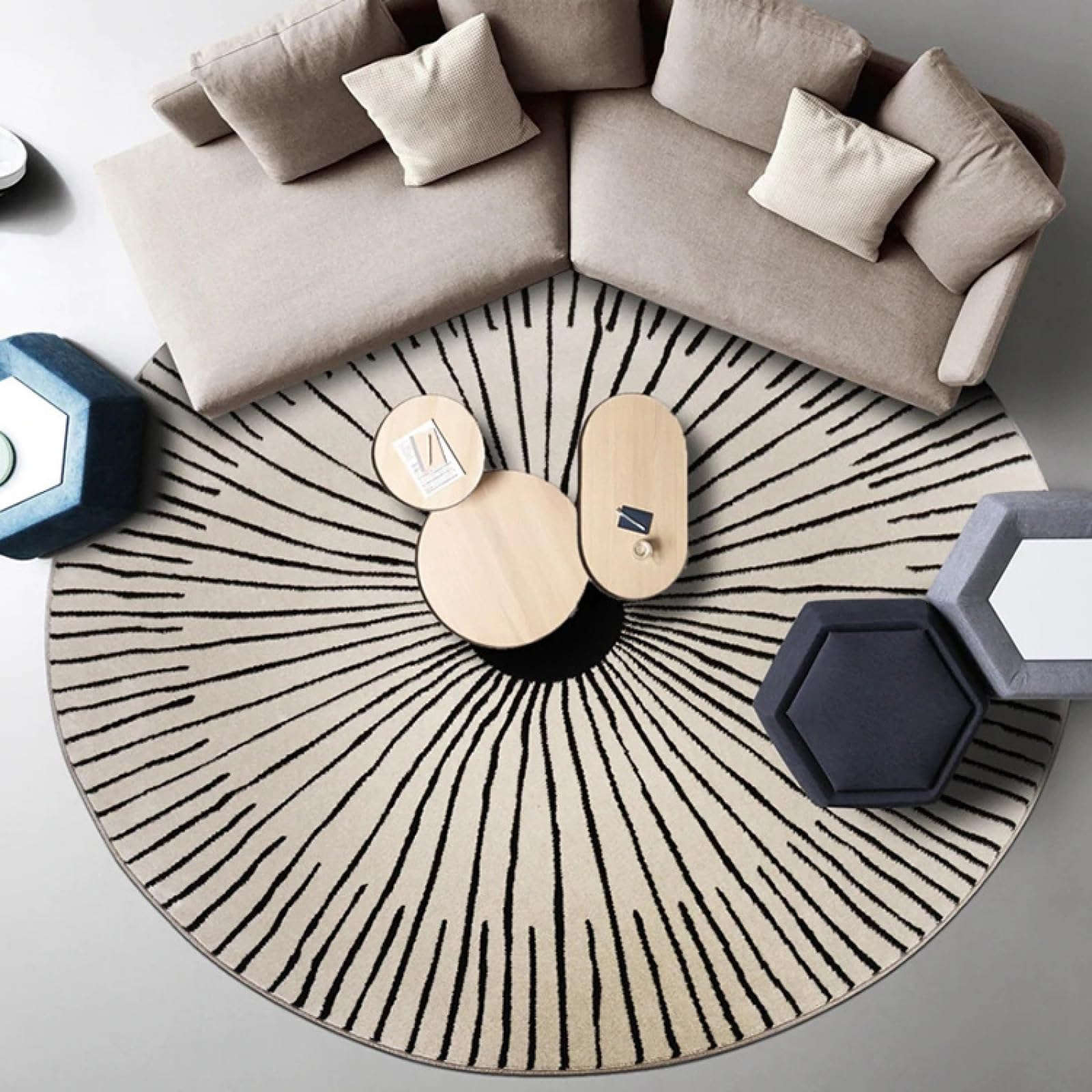 Freyamy Rund Teppich 120cm Hochflor Geometrisch Streifen Plüsch Flauschig Teppich Waschbar Modern Wohnzimmer Schlafzimmer Dekorative Küche Fußmatte Haustierteppich