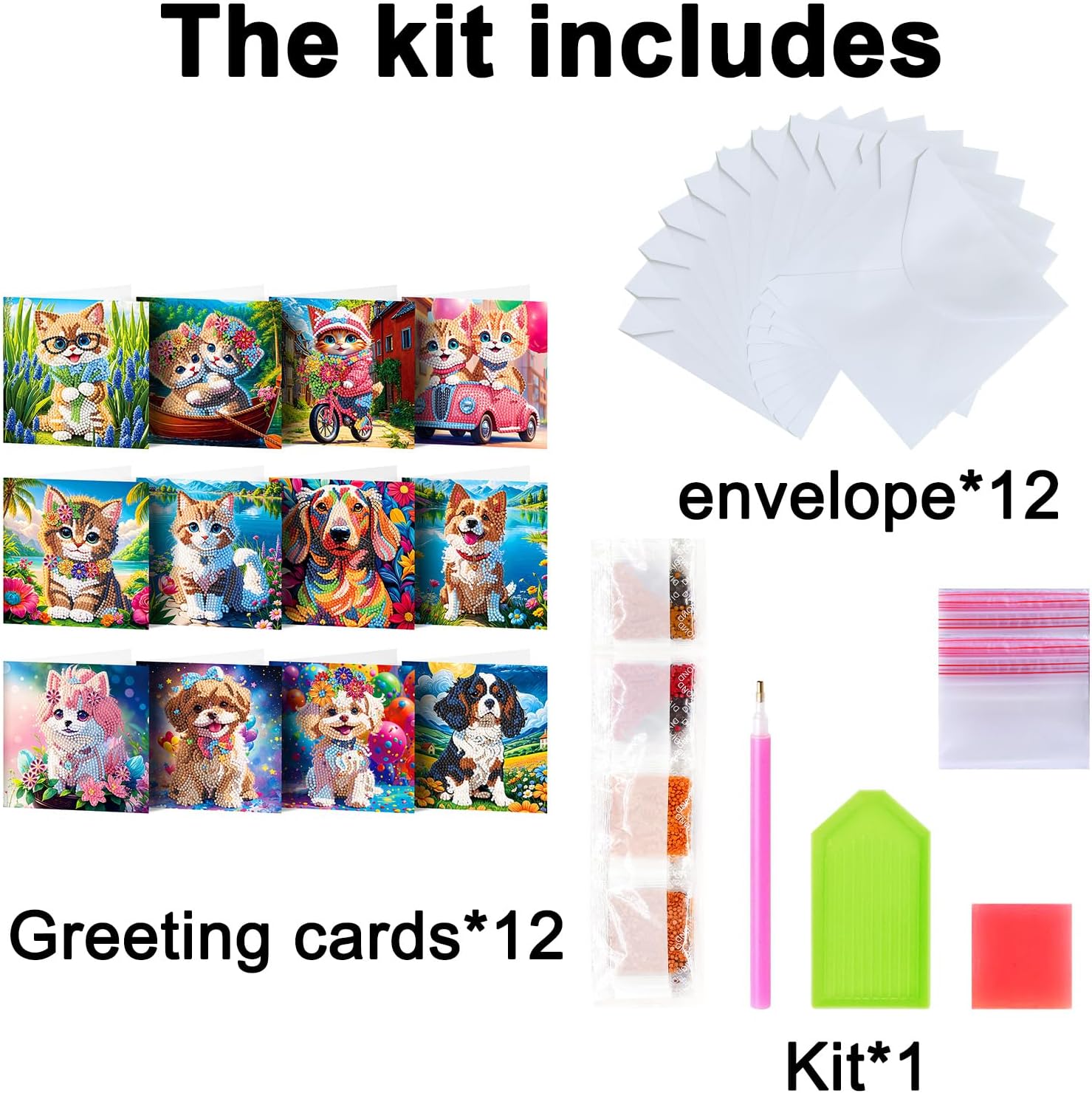 LUSandy 12 Packs DIY 5D Diamond Painting Flowers Cards Kits for Adults Flowers Dog Cat Diamond Art Greeting Cards with Envelopes Gem Art Gifts for Family and Friends