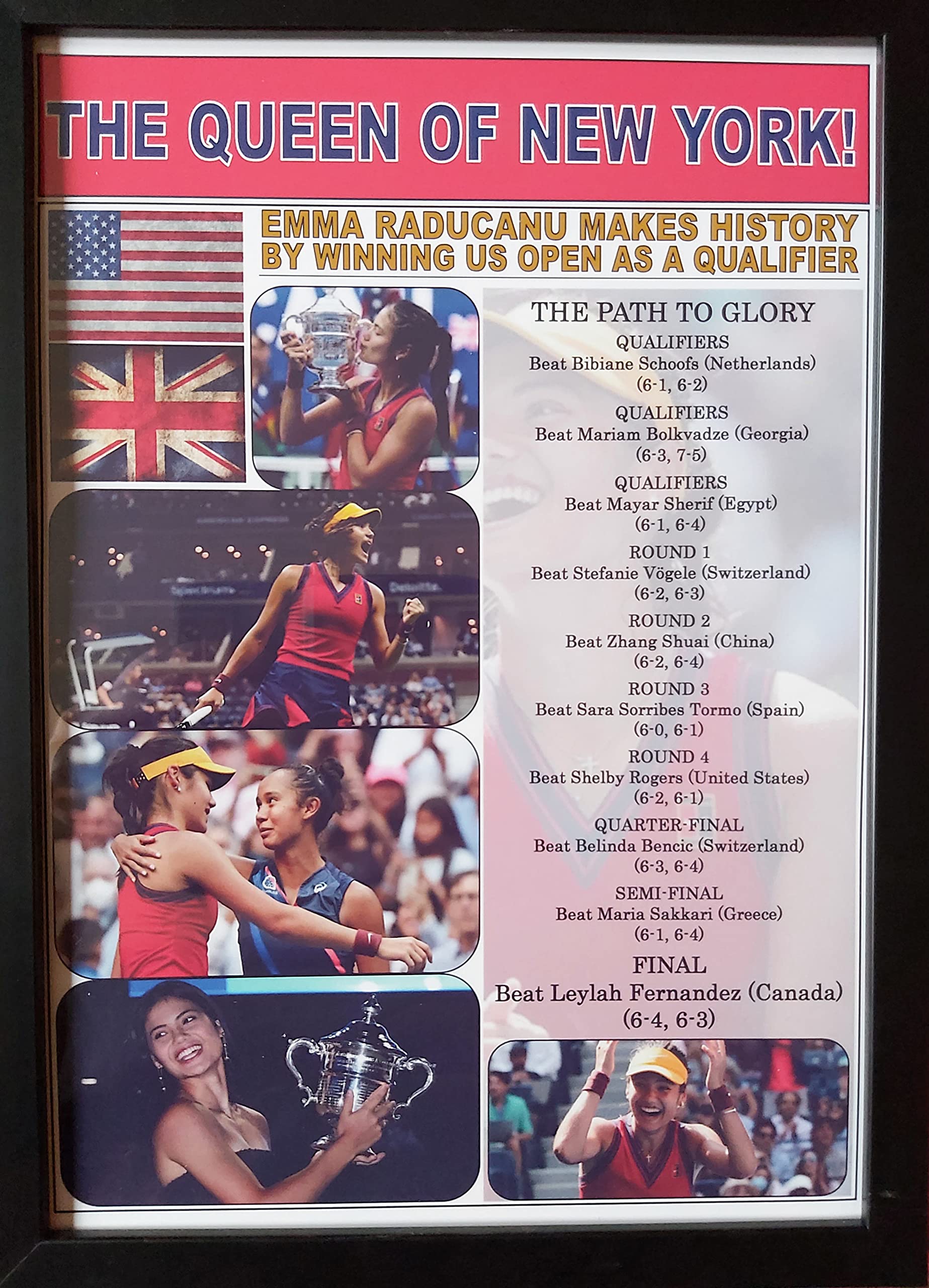 Sports Prints Uk Black Emma Raducanu 2021 Us Open Champion - Framed Print