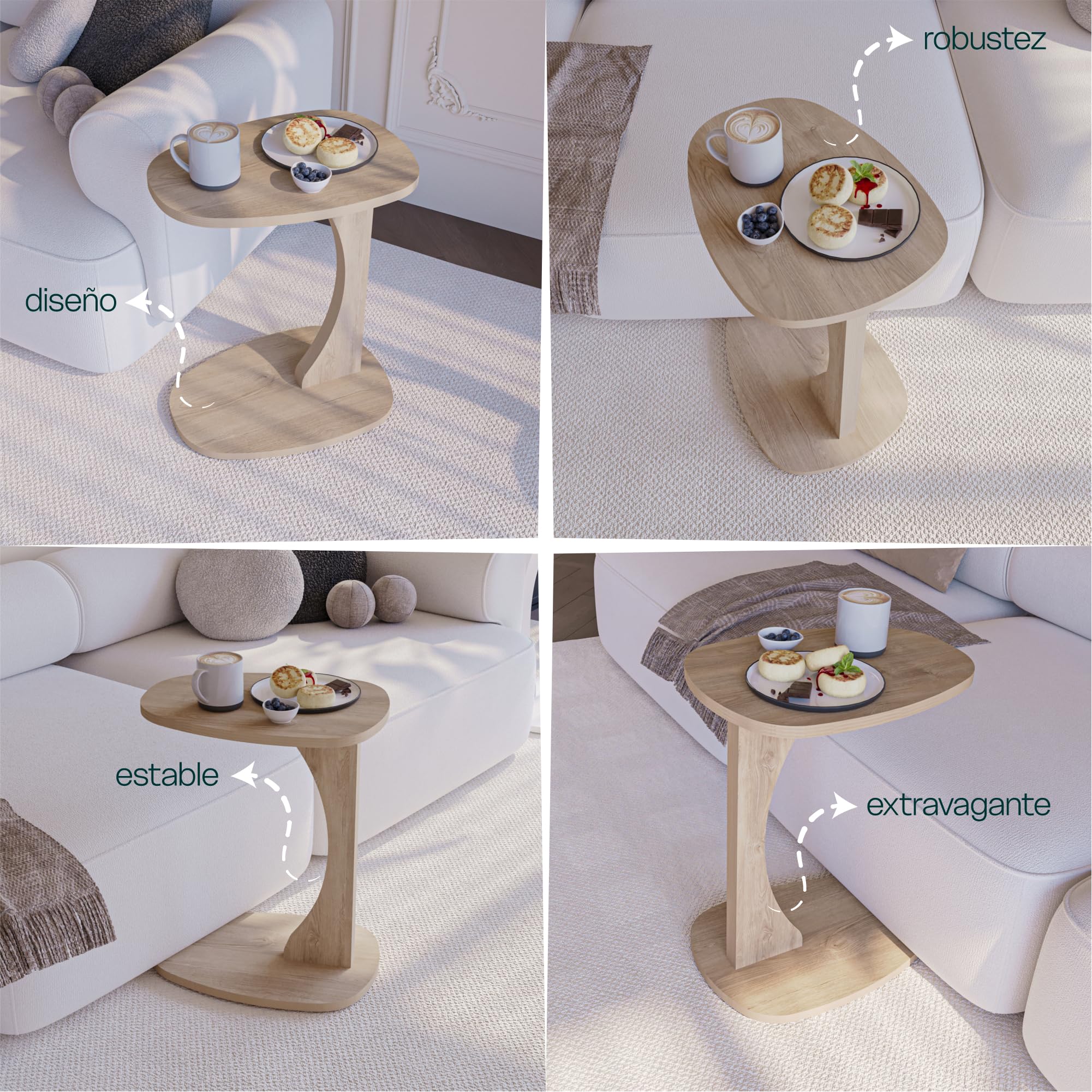 sugodesign Mesa Auxiliar para sofá con Ruedas, pequeña Mesa Auxiliar en Forma de C, Mesa de sofá en Elegante Roble Ahumado, pequeña Mesa de Centro para el salón, Ideal para portátiles - Norma