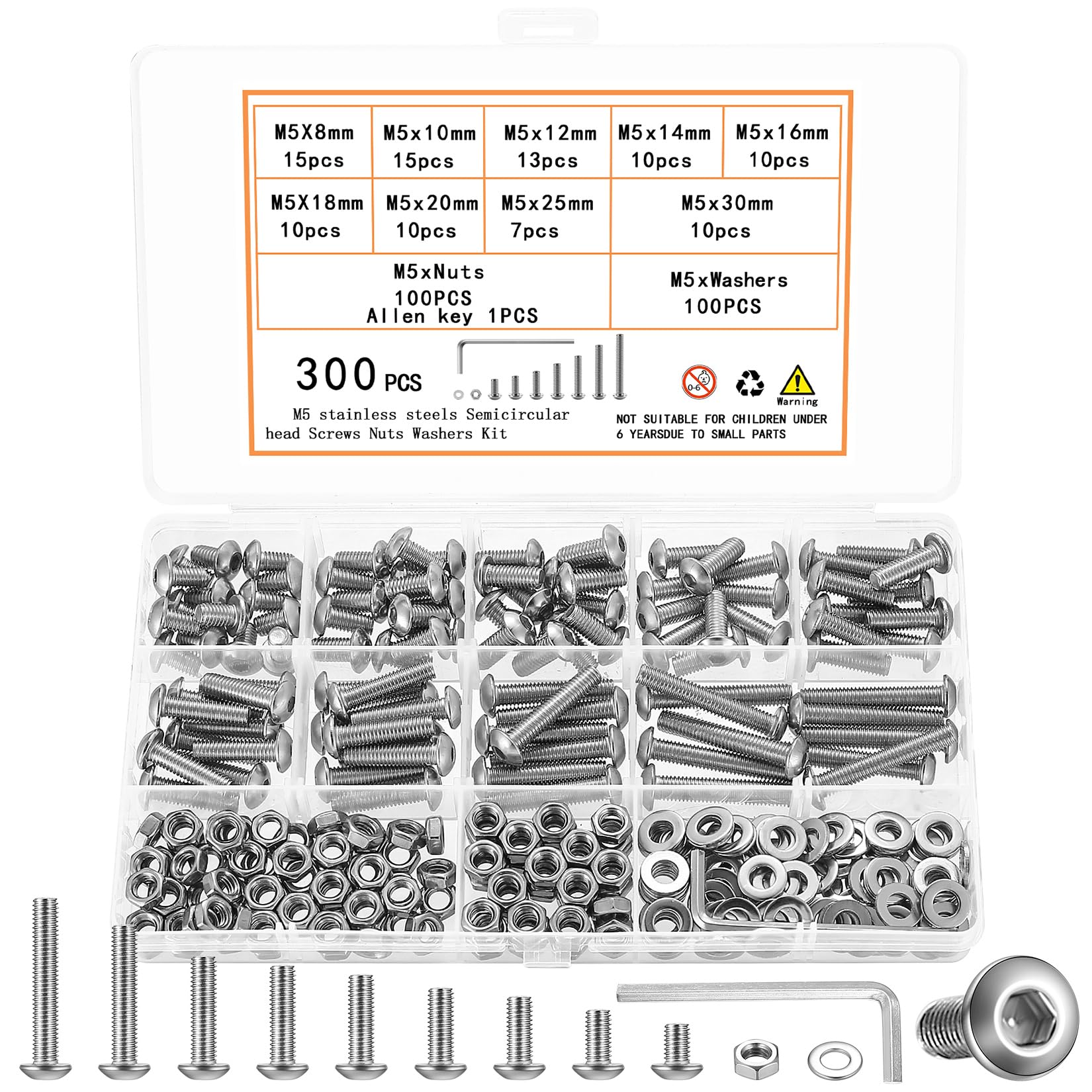 300 Pcs M5 Nuts and Bolts Assortment Kit, Pan Head Machine Screws and Nuts, Stainless Steel Hex Button Head Socket Cap Screws Bolts and Washers,