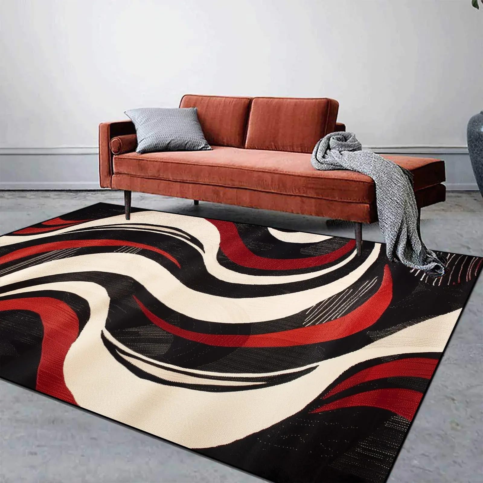 Tapis rouge abstrait géométrique grand format pour salon et chambre