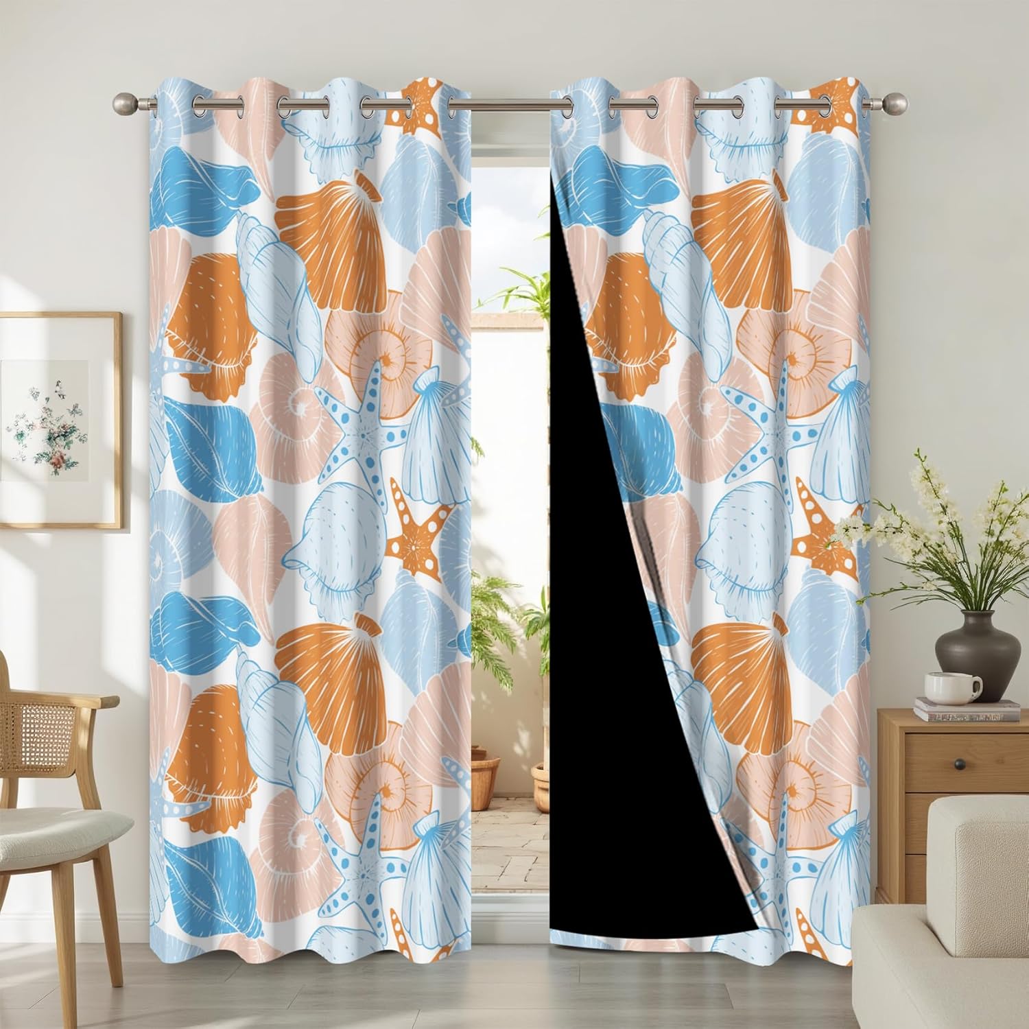 Colorful Nautical Starfish Shell Conch Printed Curatains Blackout Washable Window Treatments with Grommet for Kitchen Living Room Bedroom Decor,2 Panels,Each W42 xL63
