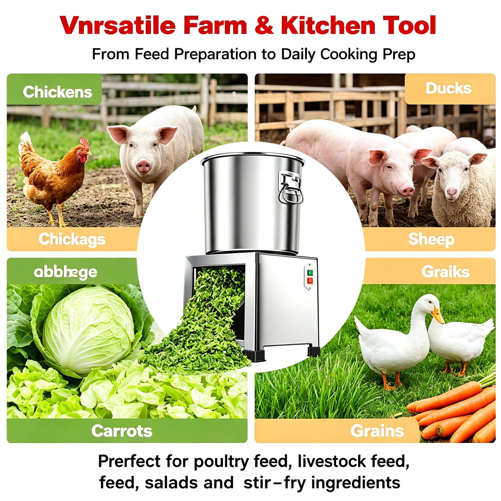 Picadora Multifuncional de 1800 W para Verduras y piensos para Aves, con 4 Cuchillas, para Uso agrícola y doméstico.