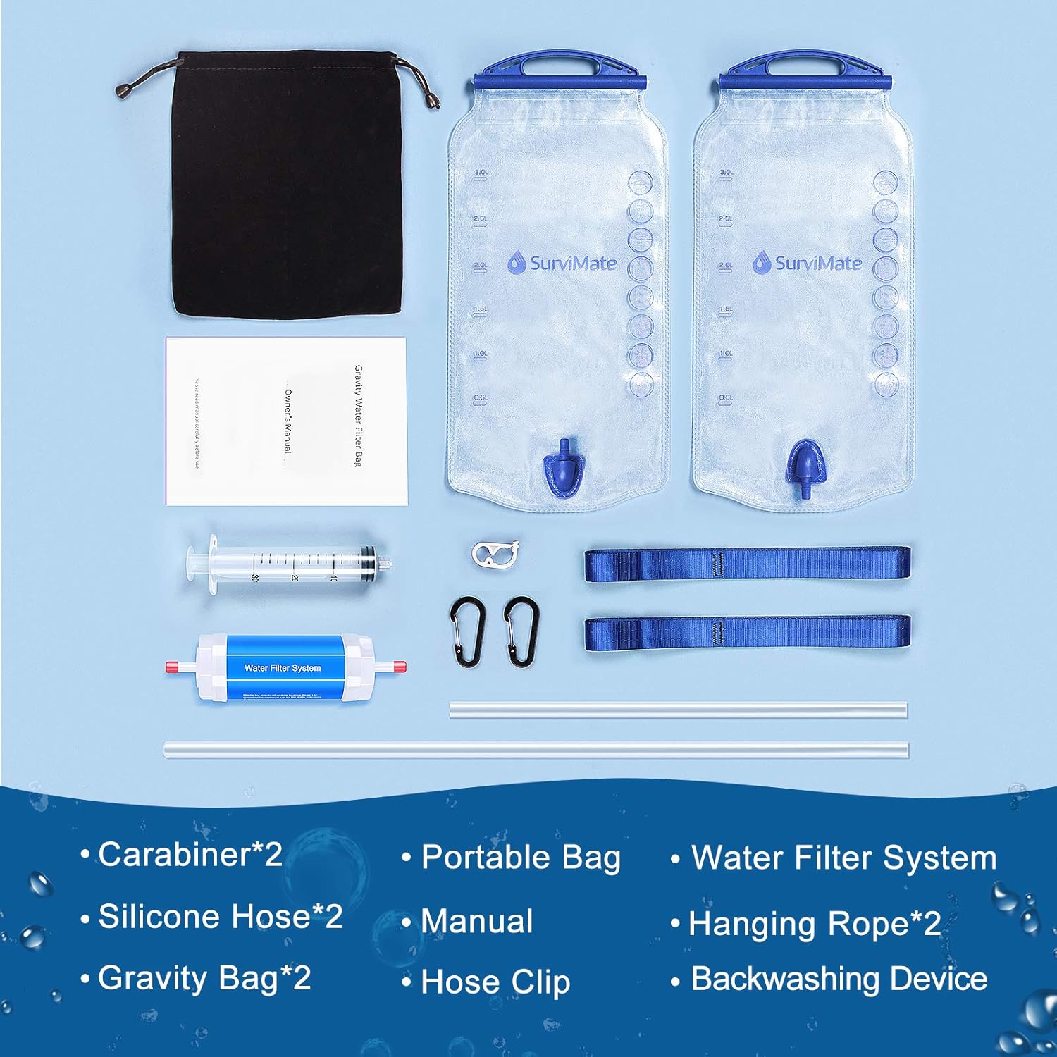 SurviMate 3L Gravity Water Filter System with Water Bag, Portable Water Filtration with Straw for Hiking, Camping, Backpacking, Survival, Emergency : Sports & Outdoors