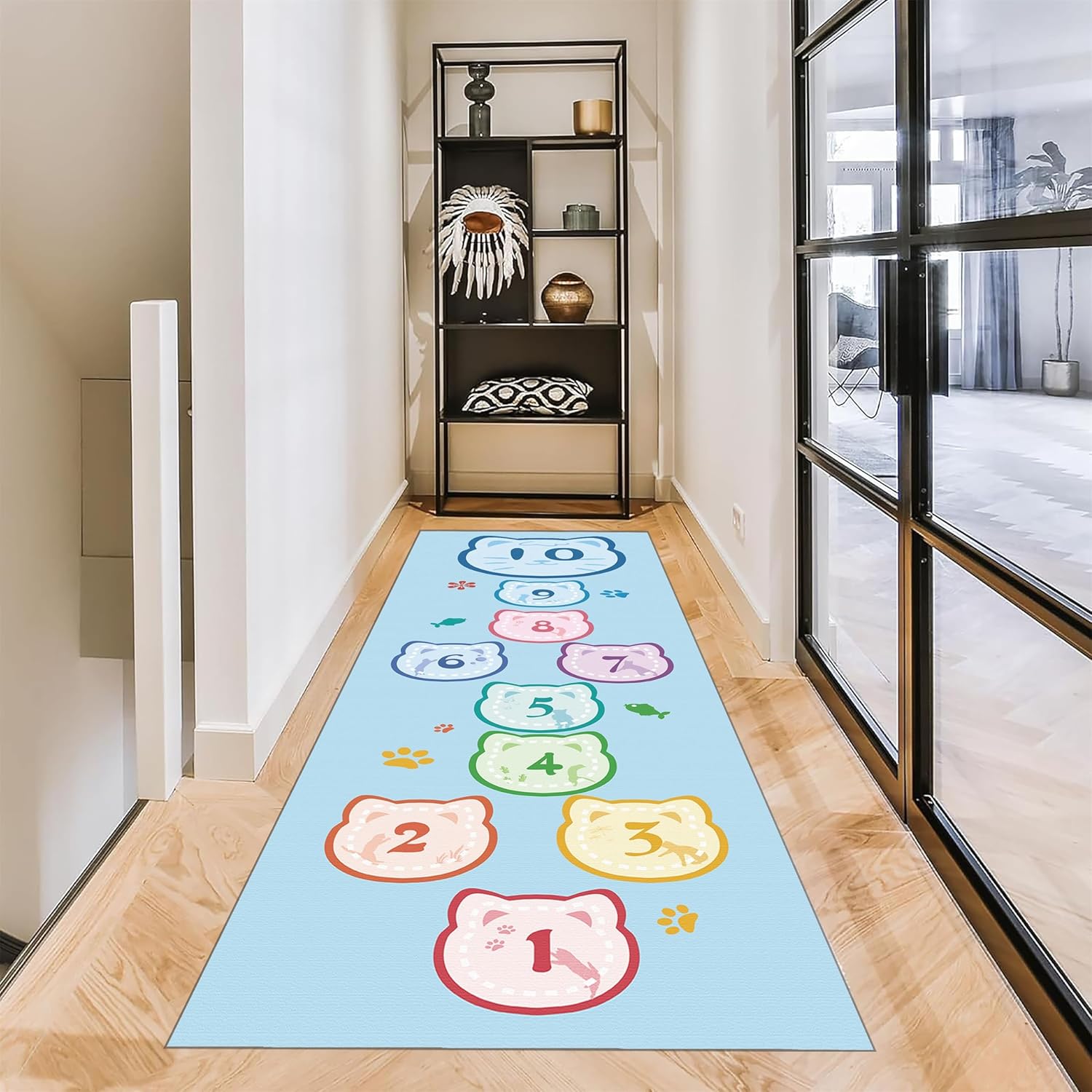 Cartoon Runner Carpet Digital Learning Mat Kitten Fish Printed Hopscotch Game, Children's Playroom Amusement Park Floor Mats, Non-Slip Crawling Mats 3.3x8ft