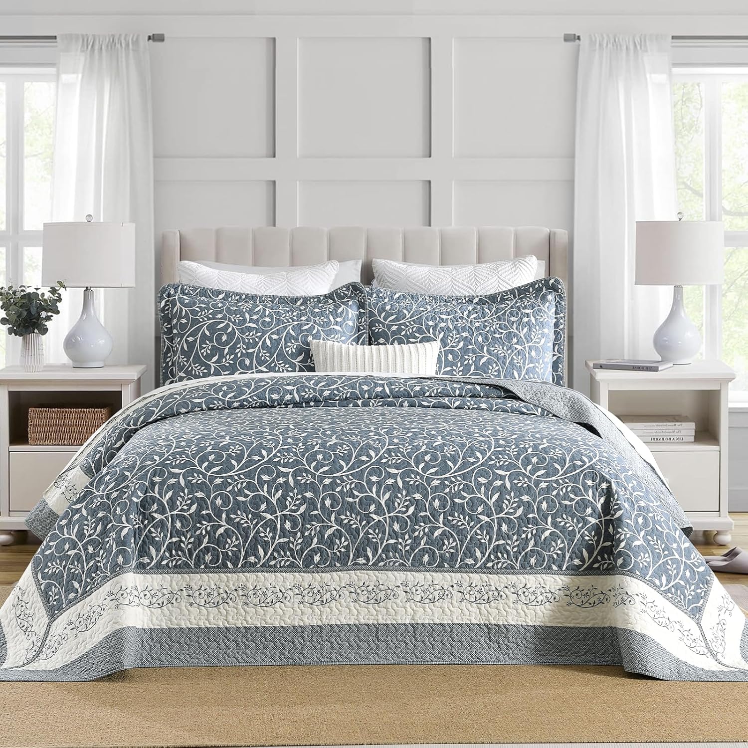 Oversized King Bedspreads 128x120 Extra Wide - Vintage Vine Farmhouse California King Quilt Set, 3 Pieces Lightweight Thin Comforter Bedding Coverlet Set, Cal King, Slate Blue/Off White