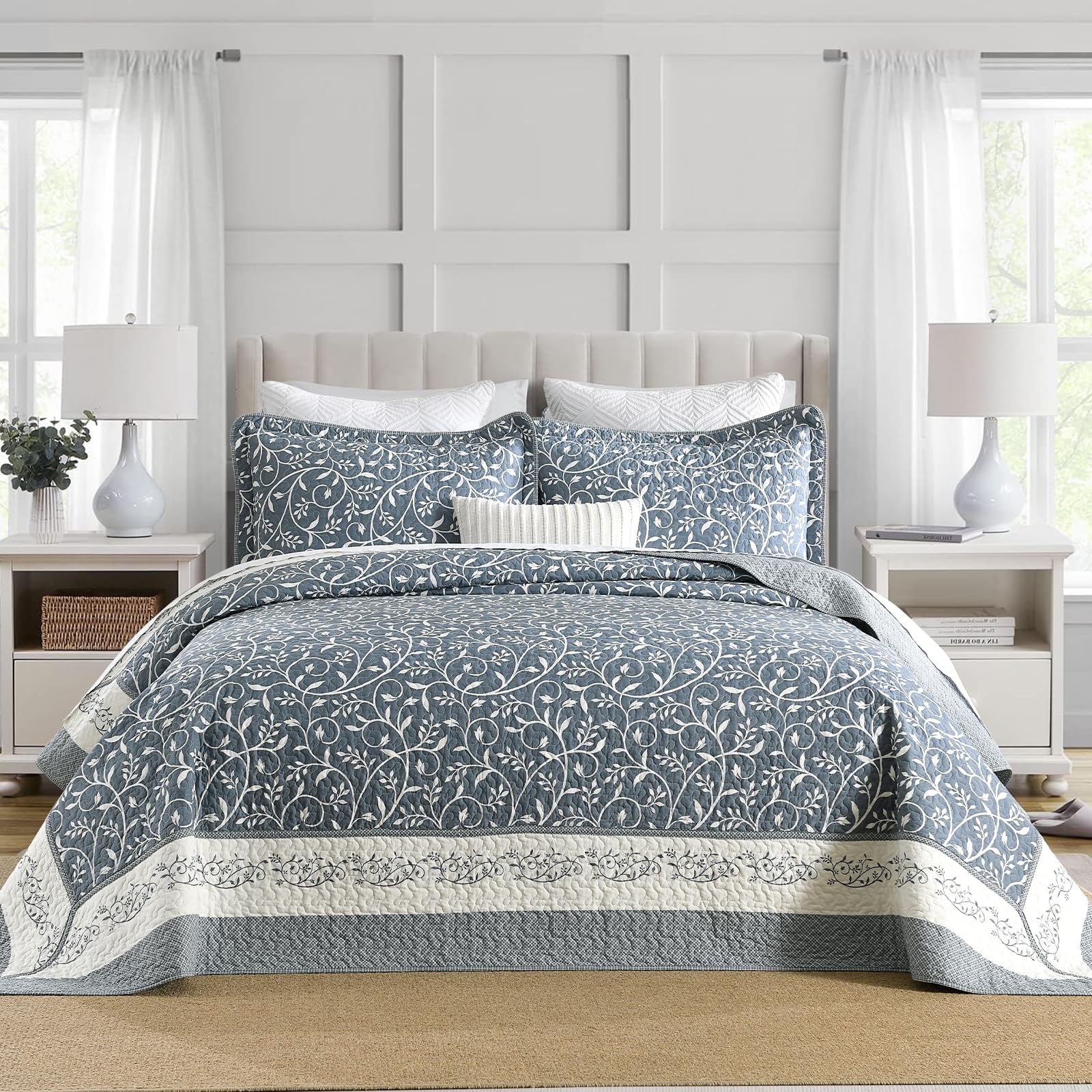 SOElinens Oversized King Bedspread 128x120, Slate Blue/Off White Botanical | Wider Coverage, Farmhouse Reversible California King Quilt Set, 3-Piece