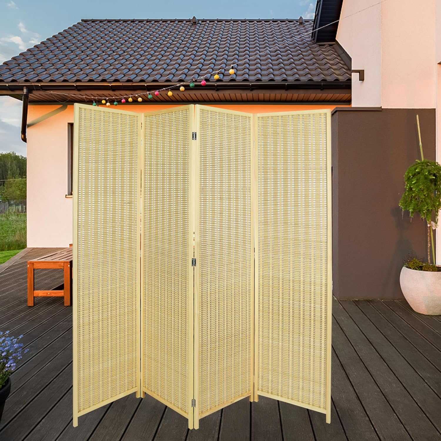 ECOMEX Bamboo Room Divider, Folding Privacy Screen, Room Divider Wall, Divider for Room Separation, 4 Panel Room Dividers with Shelves(Natural)