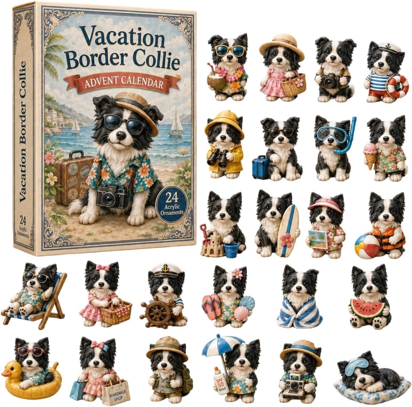 Christmas Border Collie Advent Calendar 2026 with 24 Acrylic Ornaments