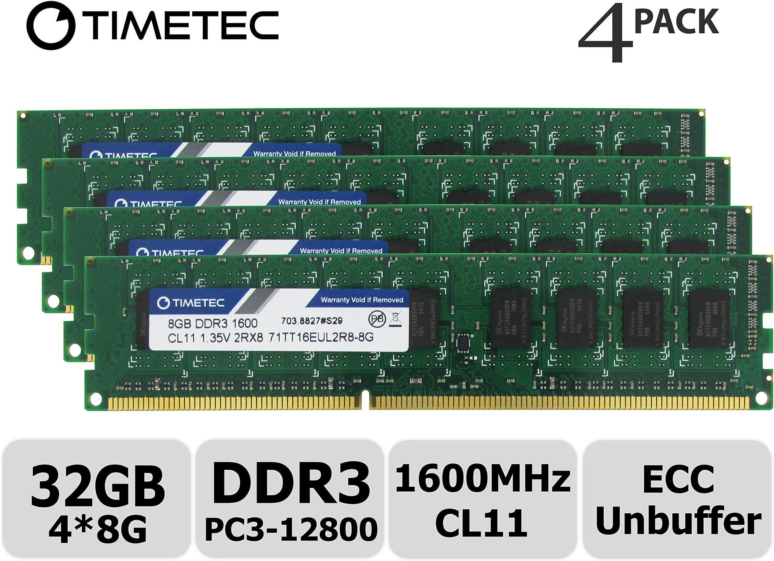 TimetecHynix IC 32GB Kit(4x8GB) DDR3L 1600MHz PC3-12800 Unbuffered ECC 1.35V CL11 2Rx8 Dual Rank 240 Pin UDIMM Server Memory Ram Module Upgrade (32GB Kit(4x8GB))