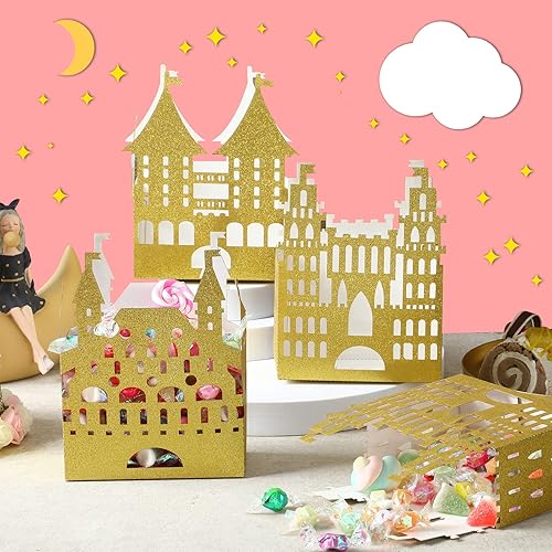 Miniatura 4 de Caja dorada de castillo de princesa de 24 piezas, decoración de fiesta de cumpleaños de princesa, centro de mesa de castillo dorado, suministros de