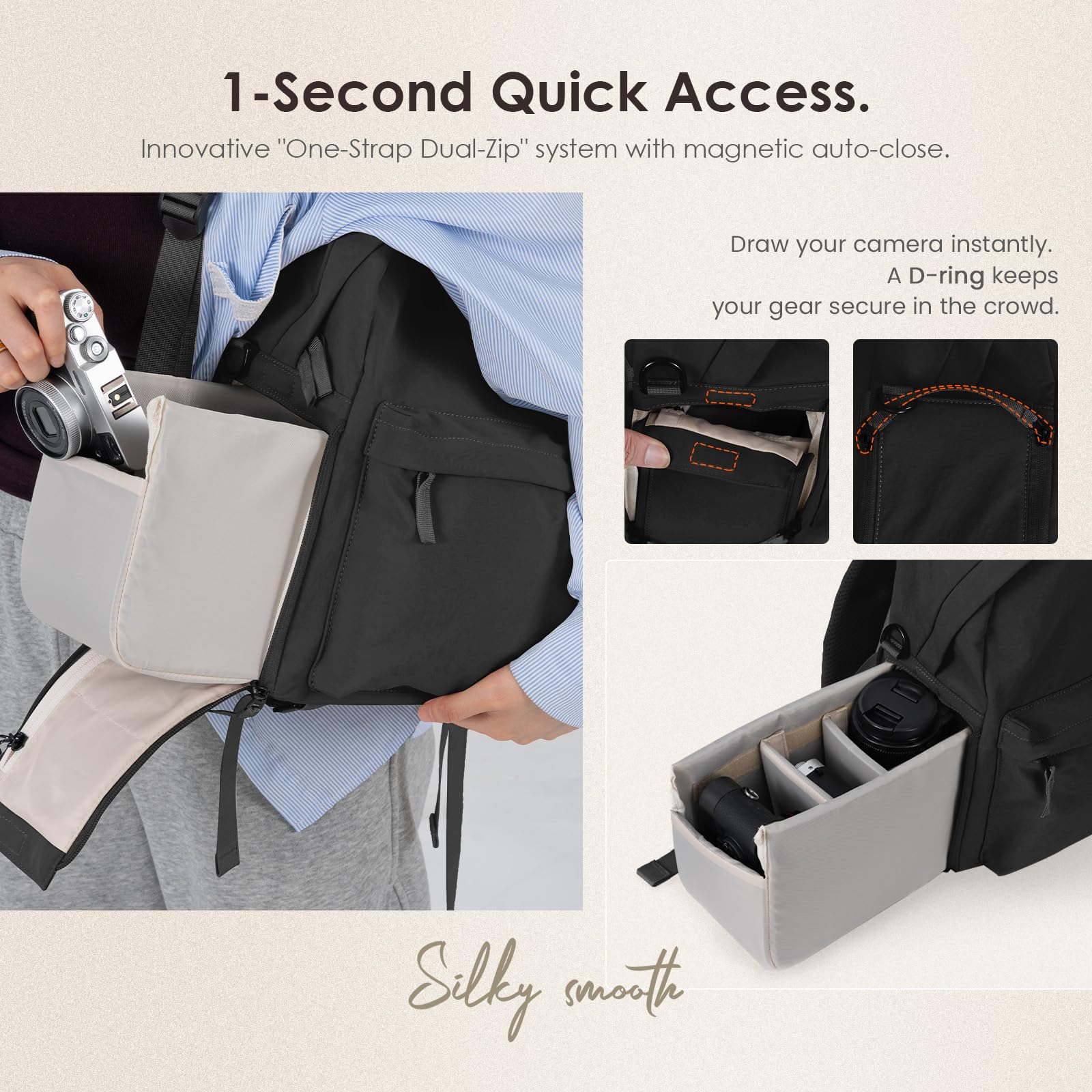 TARION Zaino Fotografico Borsa Fotografica: Zaino Fotocamera per Tutti i Giorni Casuale Leggra con Scomparto per Laptop da 14 pollici per Fotografia Reflex ONCE IT 15 (Nero)