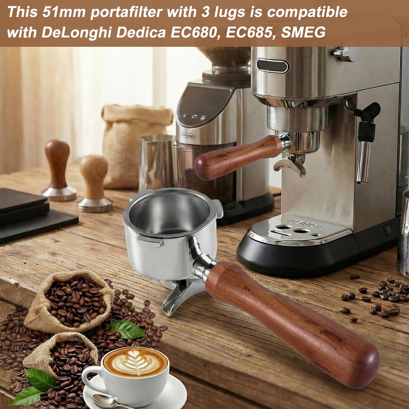 Sitko 51 mm do DeLonghi Dedica EC680 EC685 EC885 & Smeg, filtr portowy ze stali nierdzewnej, konstrukcja z 3 uszami, podwójna wylewka, z ergonomicznym drewnianym uchwytem, w zestawie kosz