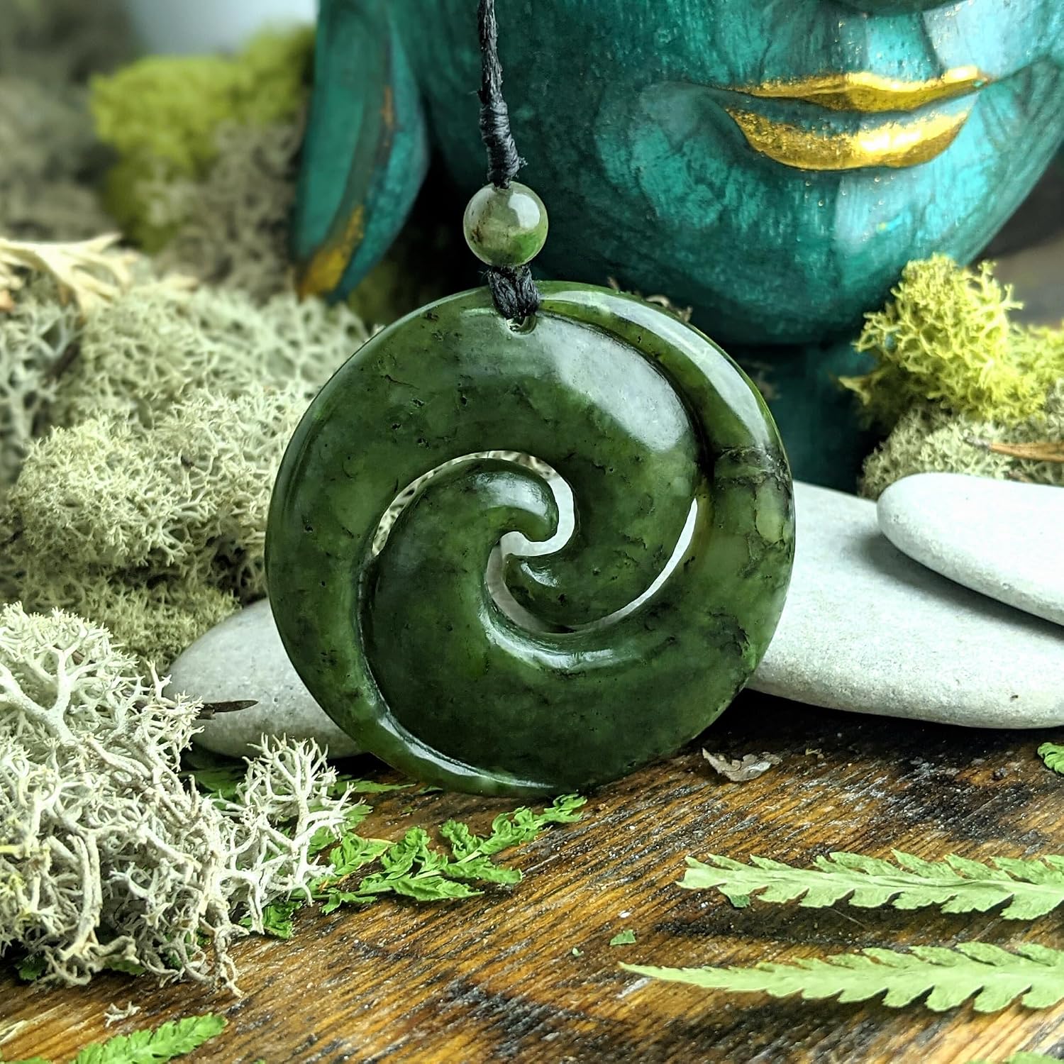 81stgeneration Nephrite Jade Large Double Koru Spiral Pendant Necklace - Maori Style Cord Necklace for Men - Real Greenstone Tribal Hand-Carved Amulet - Green Gemstone Statement Jewelry image 3