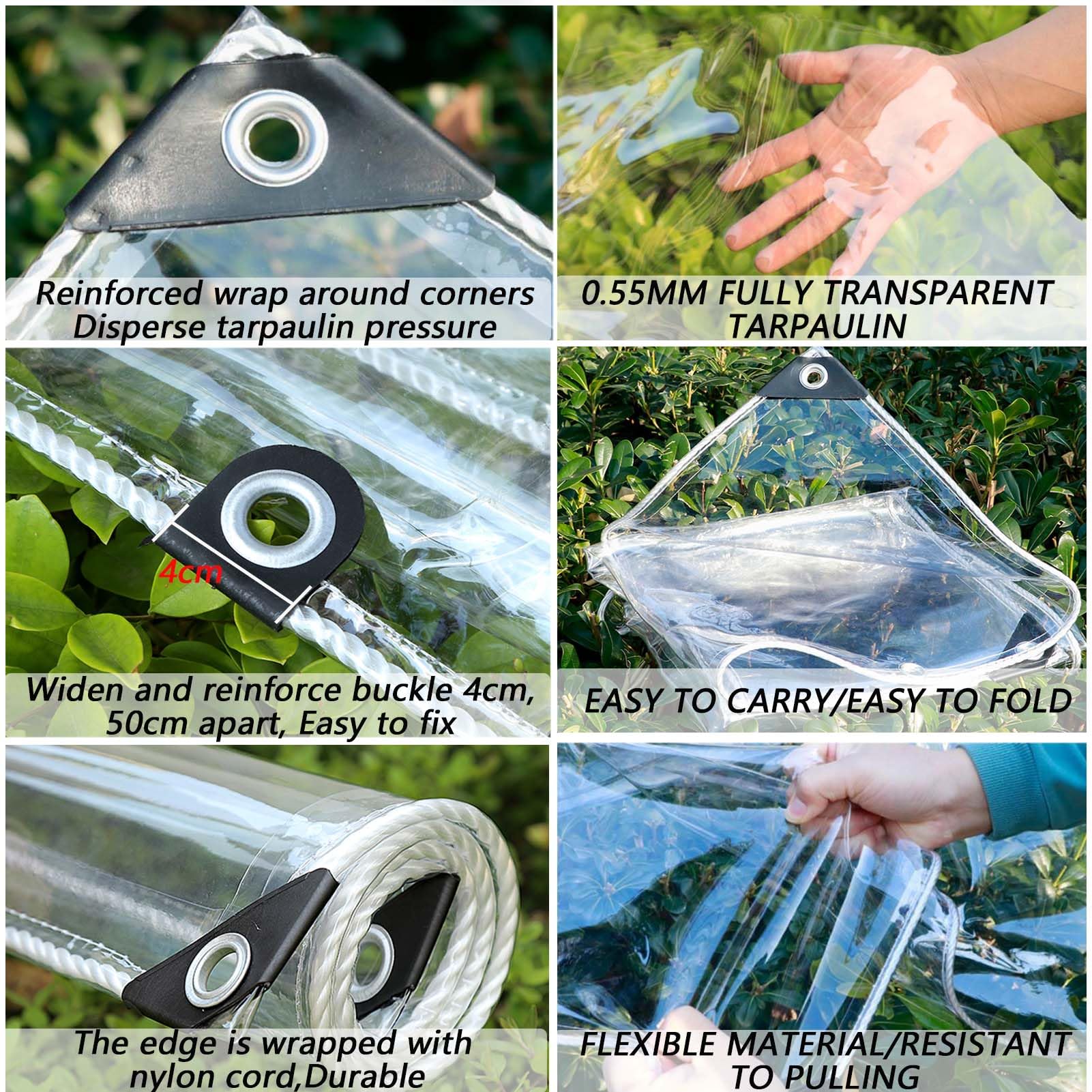 Helder Zeildoek Waterdicht Dekzeil 0.5x1.5m,Buitenterras Transparant Zeildoek Helder Waterdicht Zeil PVC 0,55mm Aanpasbaar, Tuin Waterdichte Doorzichtige Hoes, 4 cm Bredere Oogjes