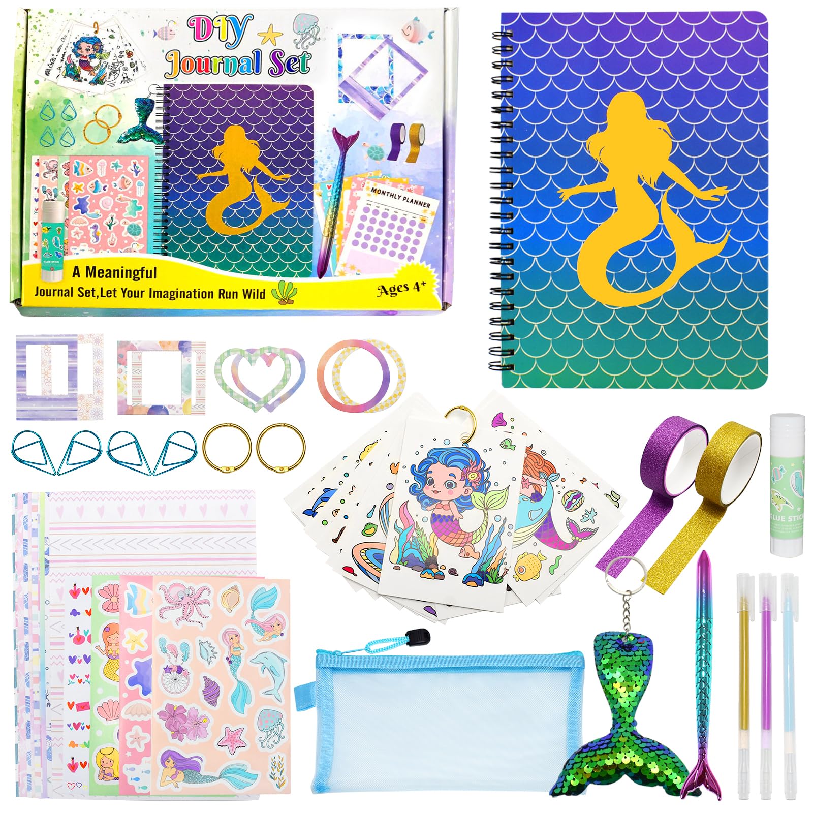 Cyiecw Sirena DIY Diario Scrapbook Set, Regalos para Niñas Juguetes Papelería para 8 9 10 11 12 13 14 Años, DIY lettering kit manualidades Diario Set con más de 60 accesorios