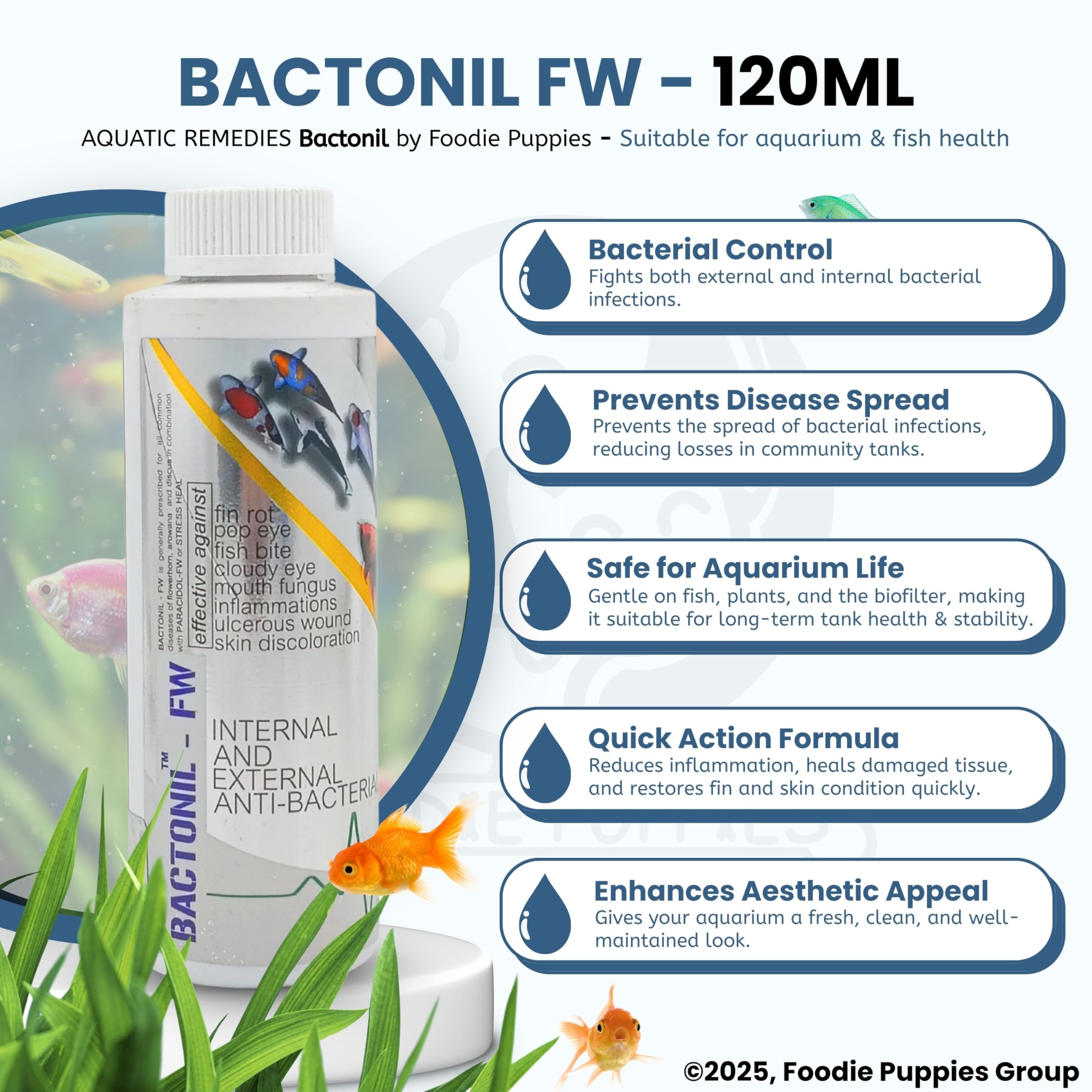 Foodie Puppies Aquatic Remedies Bactonil -FW - 120ml | Anti Bacterial Effective Fish Skin Treatment Suitable for Freshwater | Aquarium Medicine 1