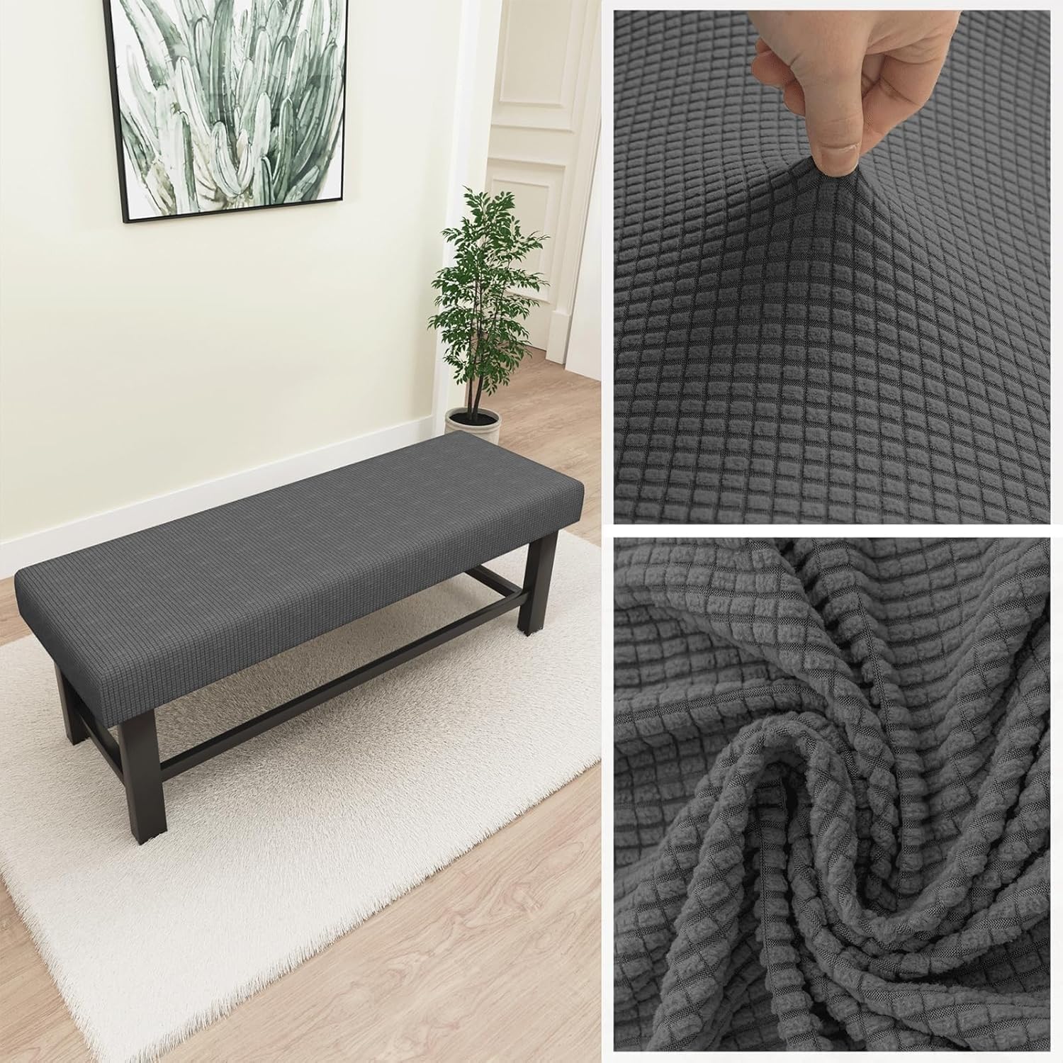 Stretch Dining Bench Cover Extra-Long (Up to 75") - Jacquard Slipcover Washable & Removable, Non-Slip Rectangular Bench Seat Protector for Kitchen, Living Room(Gray,67"-75”)