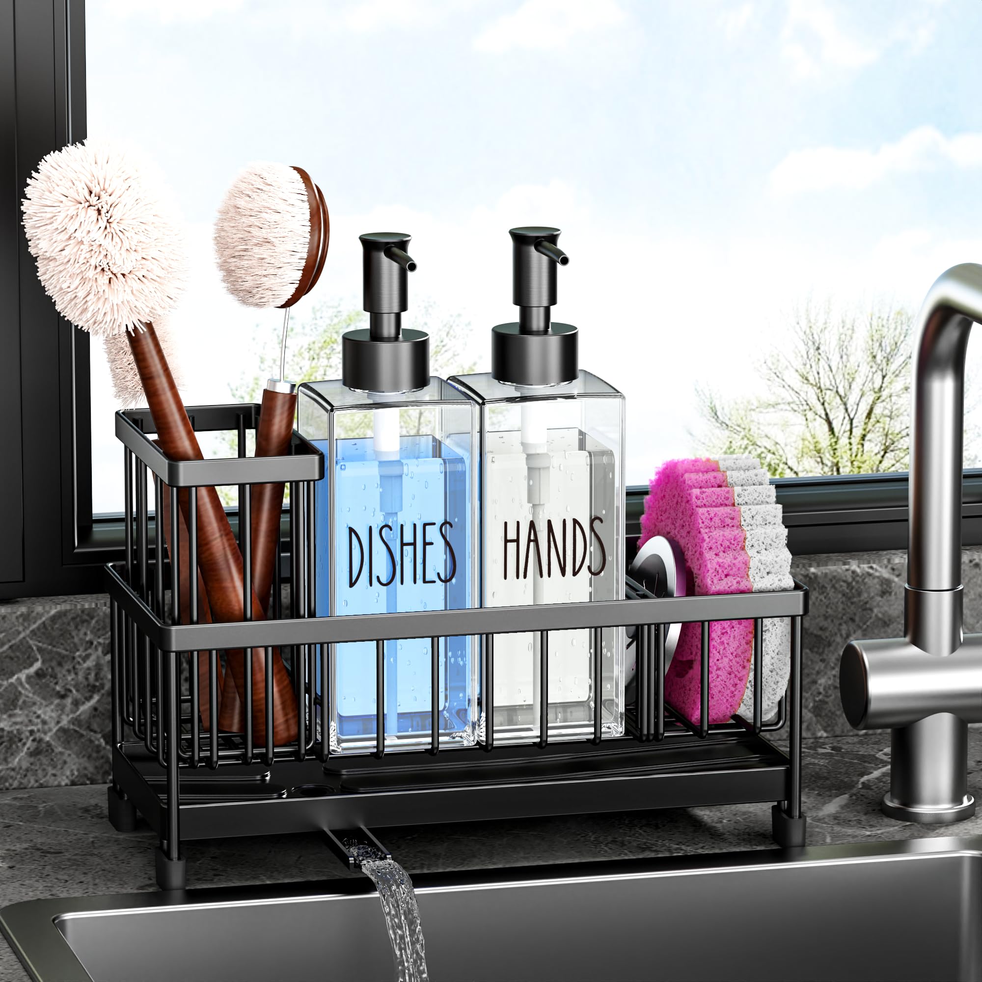 Photo 1 of Cisily Kitchen Soap Dispenser Set with Sink Caddy, Glass Bottle, Hand and Dish Soap Dispenser Set with Sponge Holder (Clear Bottles + Black Sponge Holder)