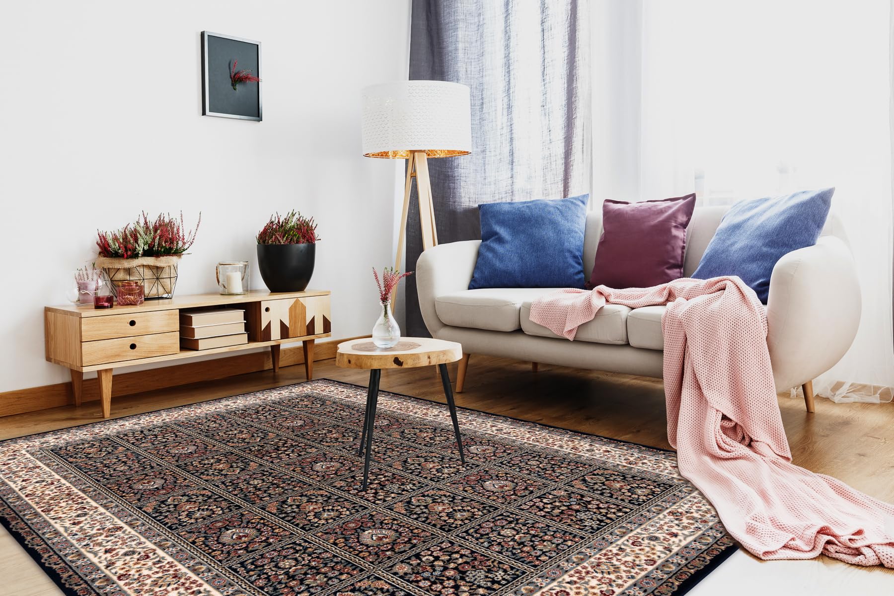 rugsx Dywan wełniany NAIN kwiaty, rama 1181/51011 ciemnoniebieski/beżowy 240 x 340 cm niebieski