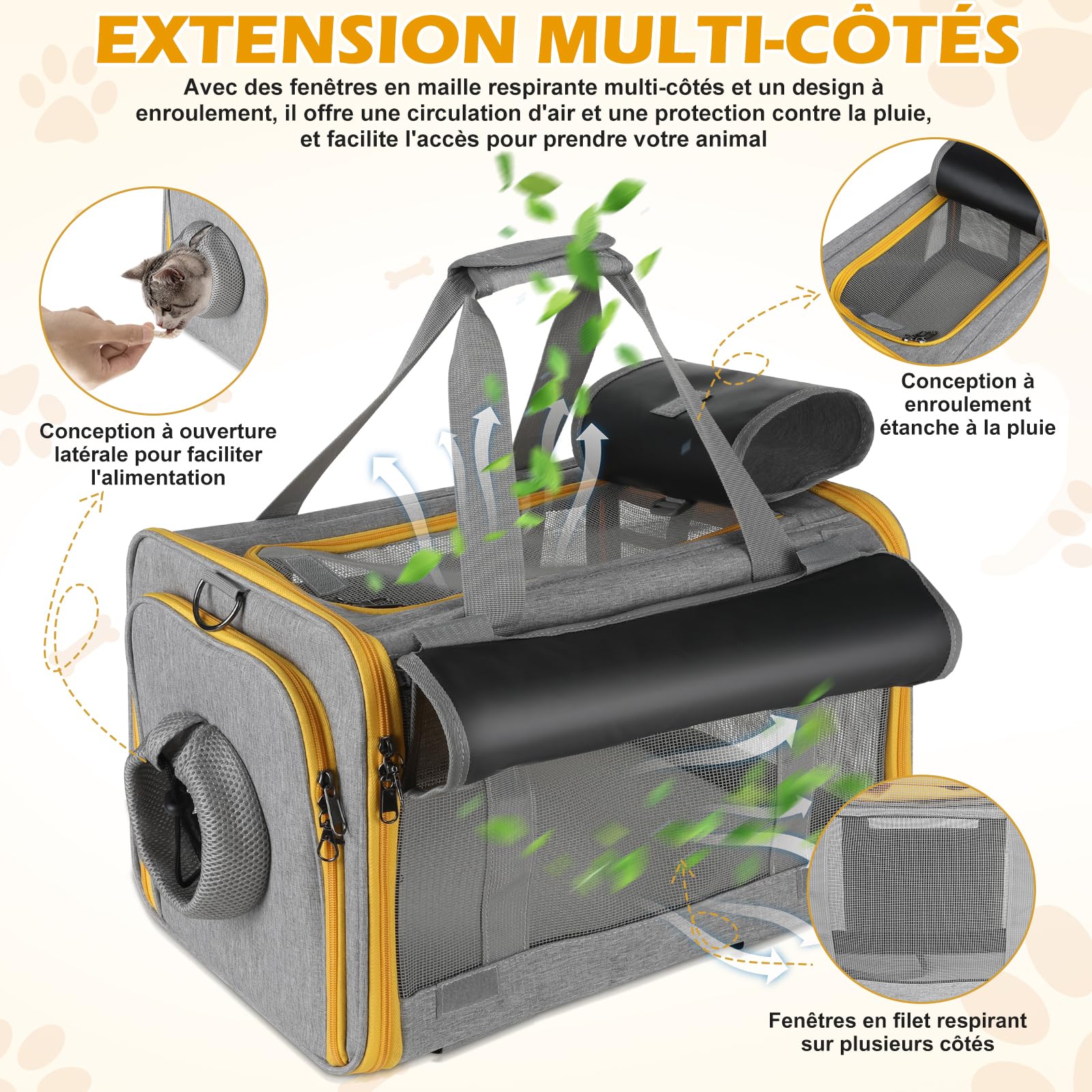 Sac de Transport pour Chat avec Poignée Télescopique - Caisse de Voyage 3-en-1 Pliable pour Petit/Moyen Chien et Chat, Approuvée Avion, roulettes et Toit Ouvrant (Gris)