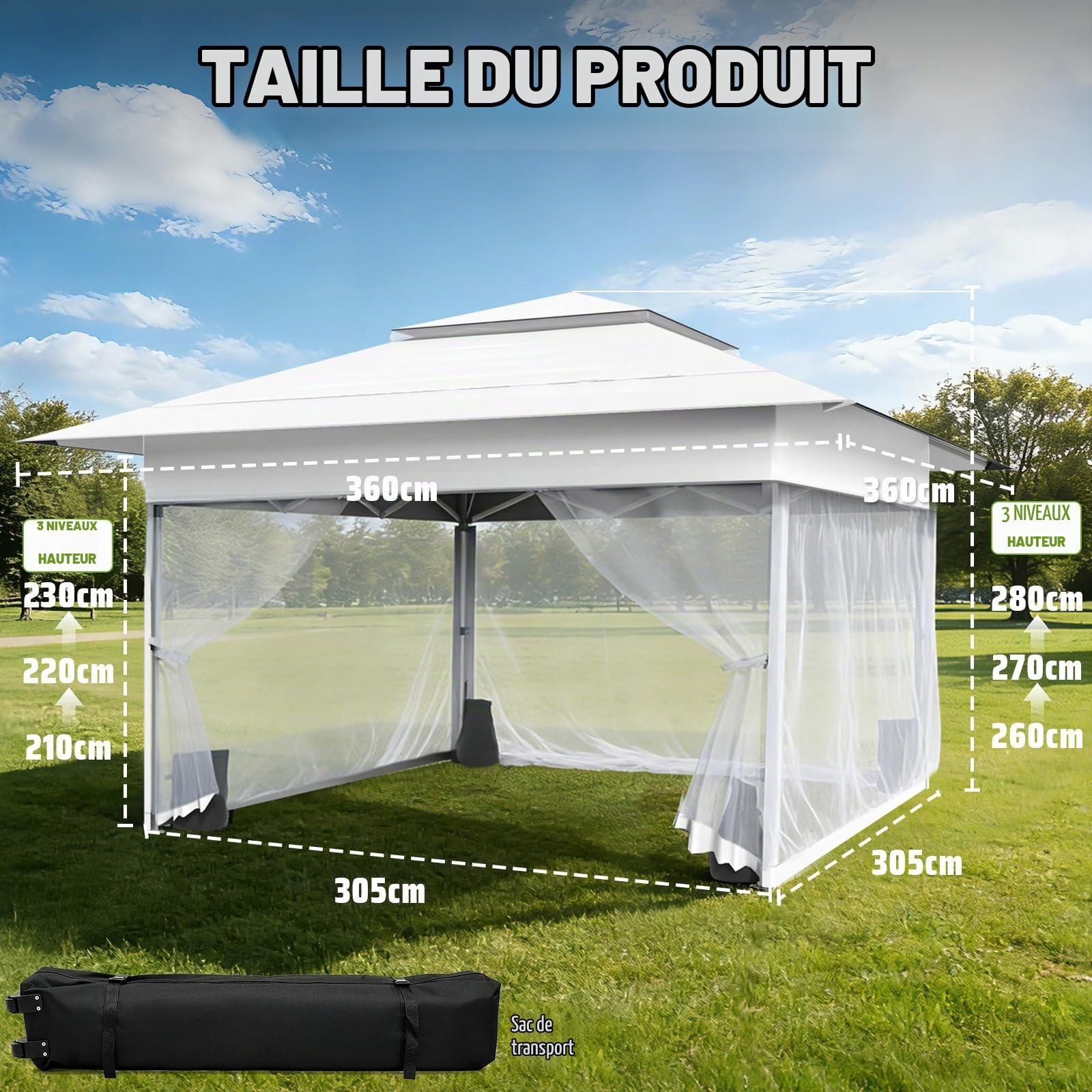 Tonnelle de Jardin 4x4m,Tente Pliante de Exterieur Pop-up avec Moustiquaire、4 Sacs de Sable、Sac de Roulant,Tonnelle Pliante Imperméable，Anti UV，Respirable，Tente de Camping,Barnum，Blanc