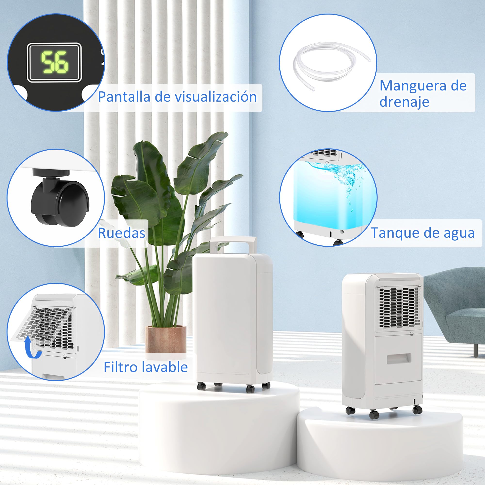 HOMCOM Deshumidificador Eléctrico 12L/día Silencioso 13-18m² Asa Blanco | con Ruedas, Temporizador de 24 Horas, Pantalla Digital de Humedad, para Dormitorio