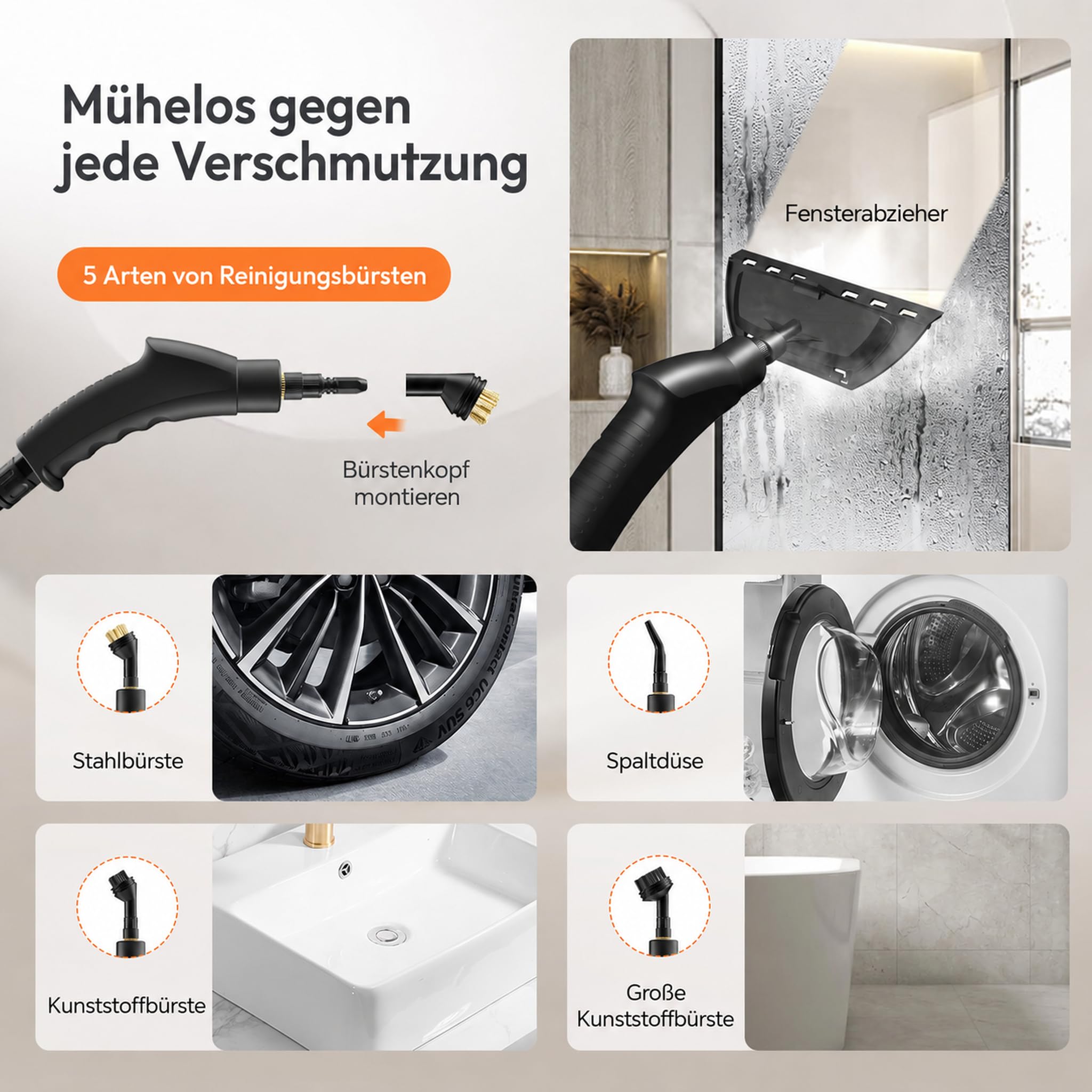 Dampfreiniger Handgerät, Dampfreiniger, 1,2L Wassertank, Tragbarer Steam Cleaner, Multifunktions Dampfreiniger für Alles, Schnellheiz-Dampfreiniger für Auto, Küche, Badezimmer, Fliesen, Fenstern-Weiß